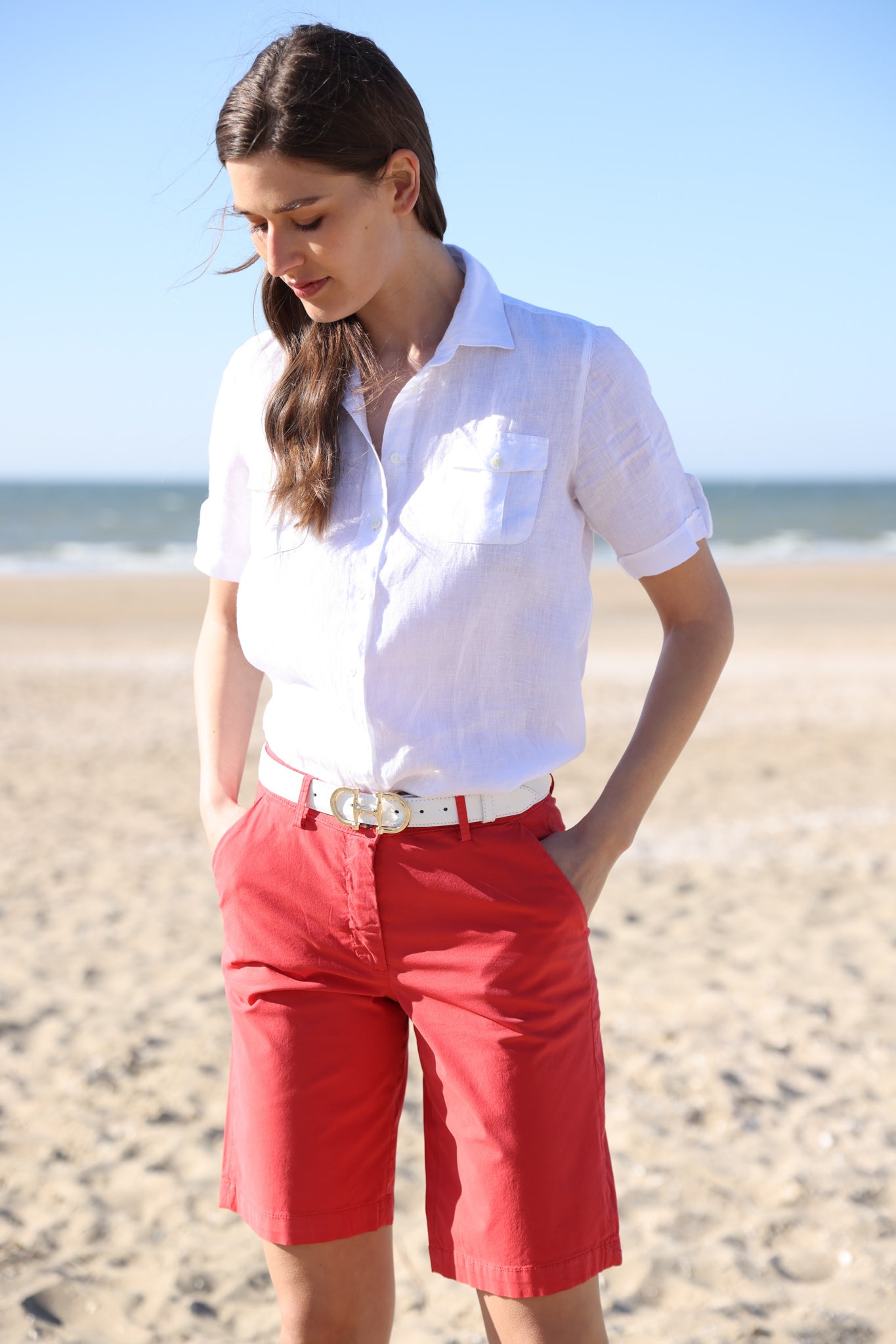 Bermuda Billie en popeline de coton stretch - Rouge-BERMUDAS FEMME-Curling-Paris