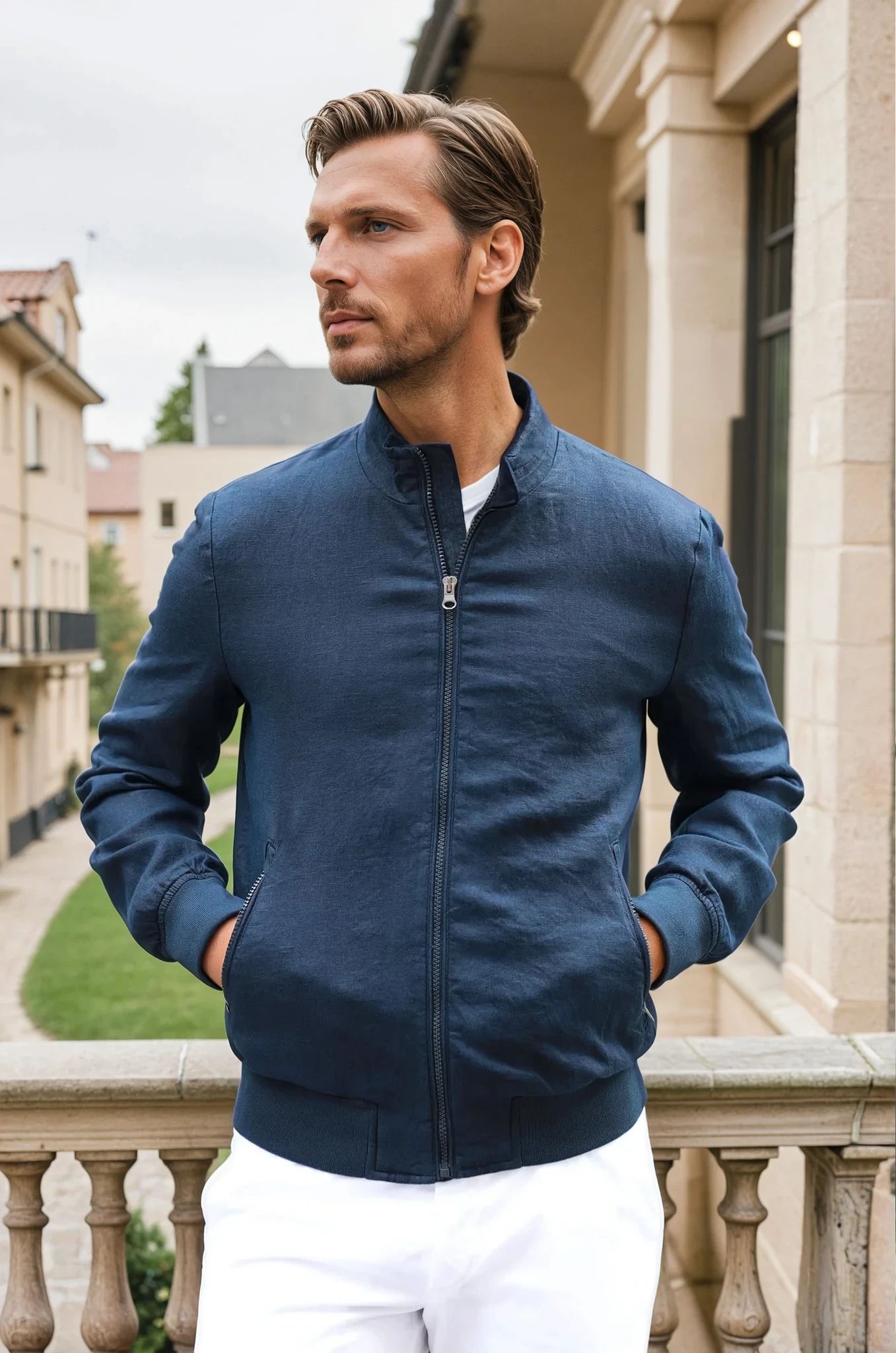 Blouson Noah en lin - Marine-MANTEAU HOMME-Curling-Paris