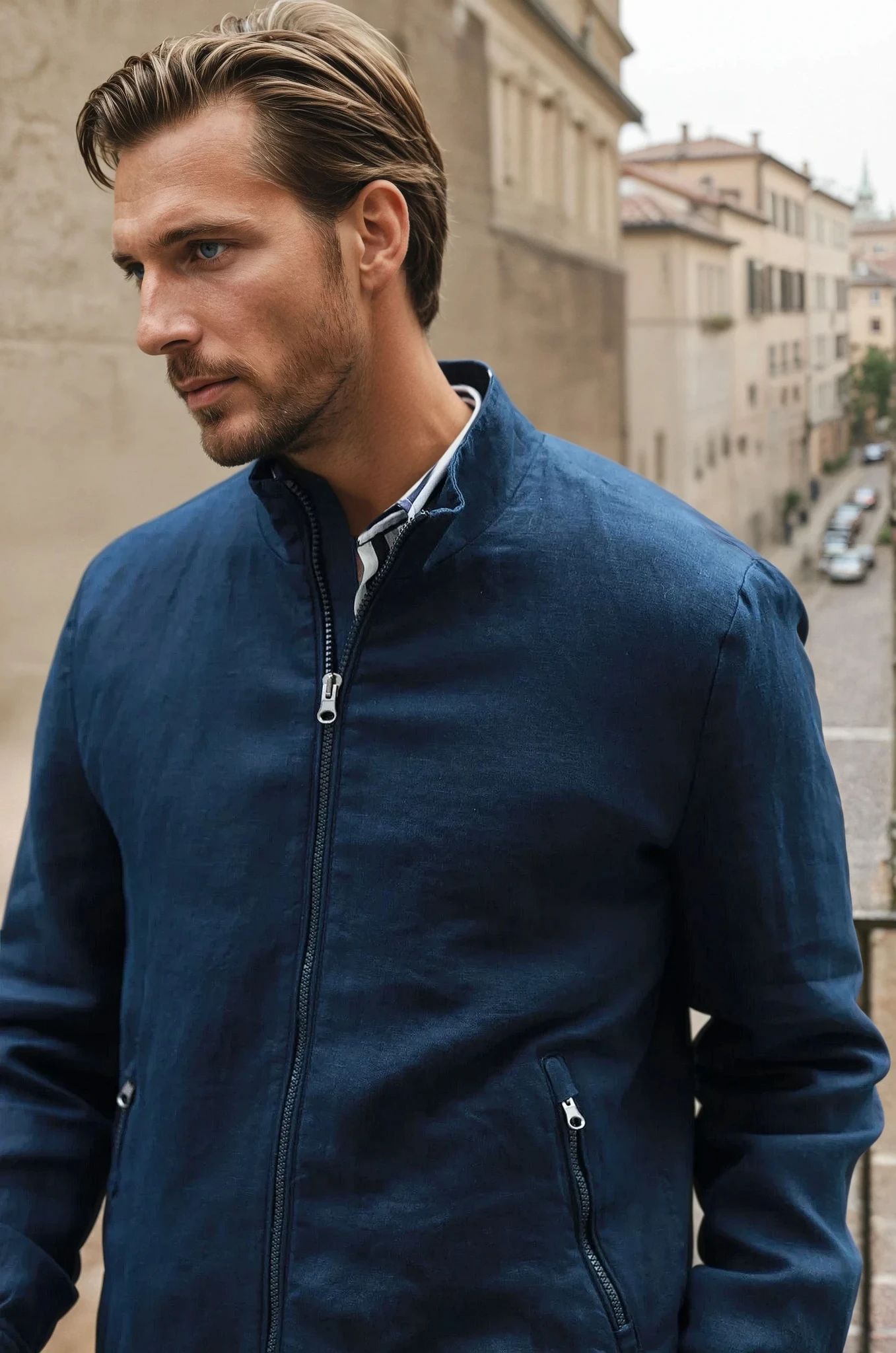 Blouson Noah en lin - Marine-MANTEAU HOMME-Curling-Paris