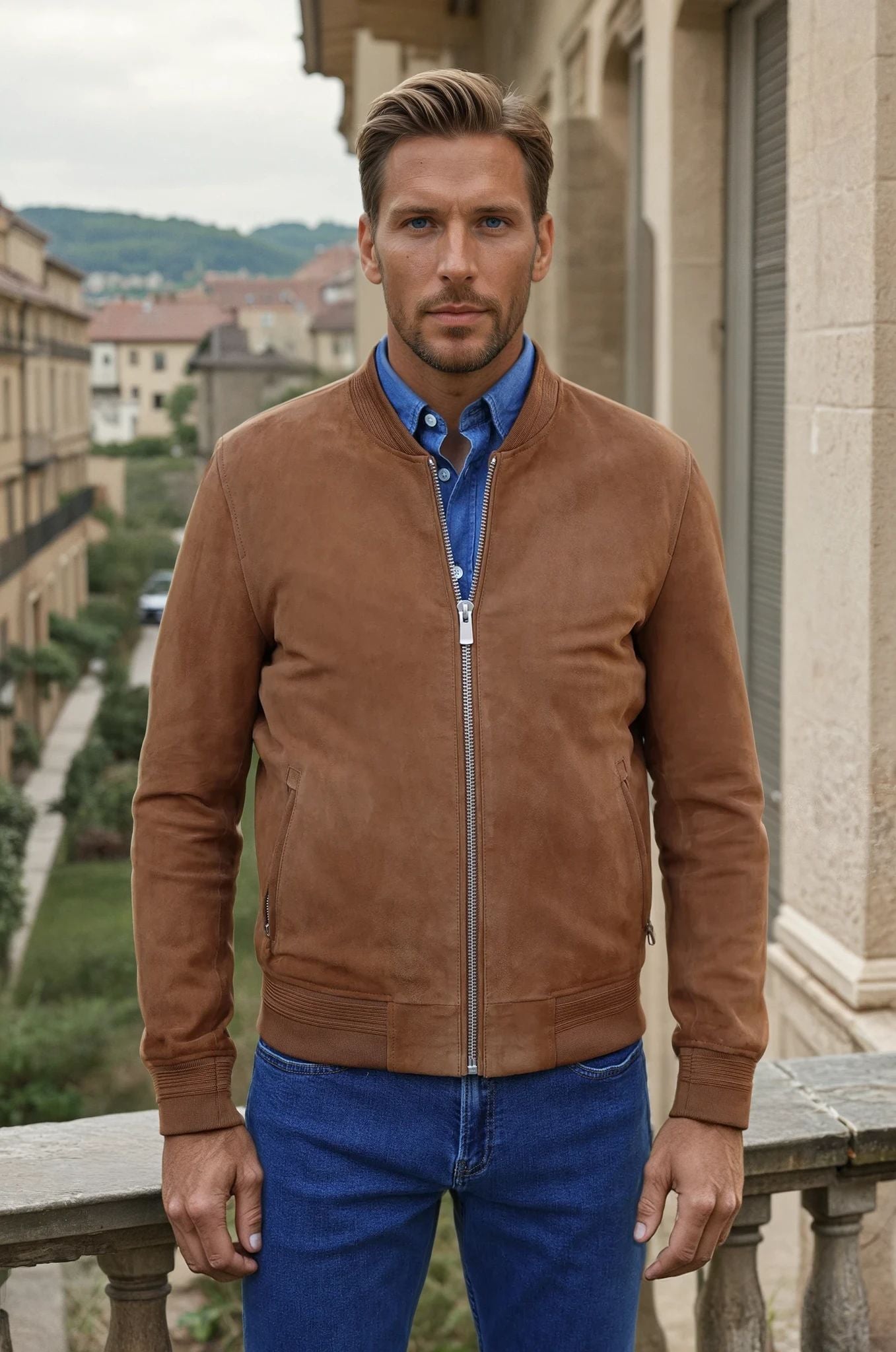 Blouson en peau Max chèvre velours - Cognac-MANTEAU HOMME-Curling-Paris