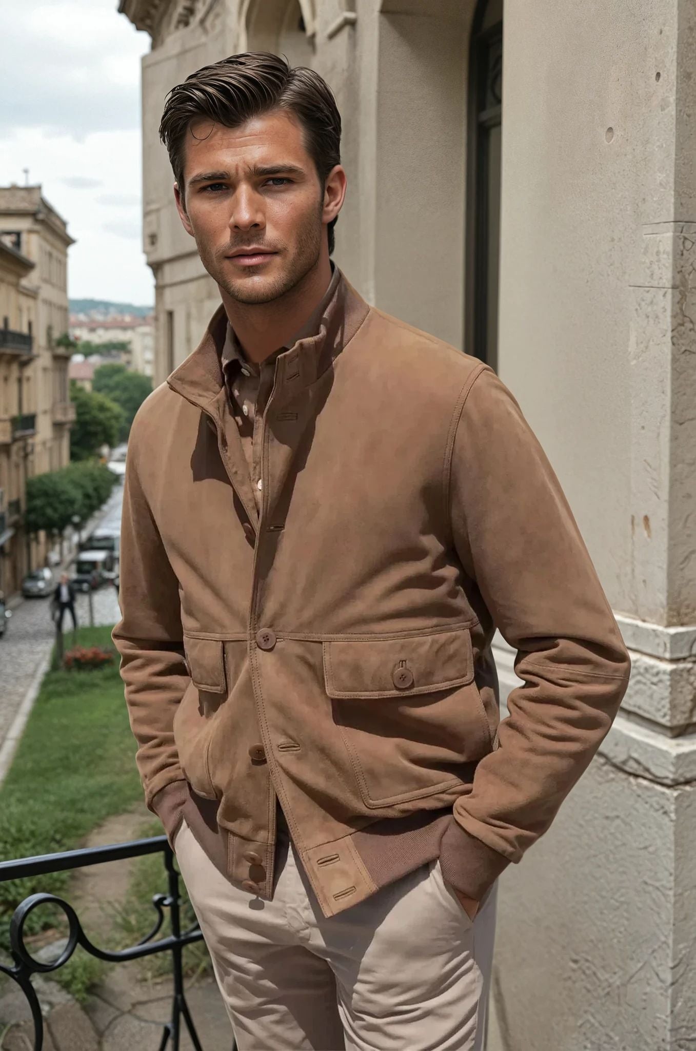 Blouson en peau Starter - Chèvre velours Taupe-MANTEAU HOMME-Curling-Paris