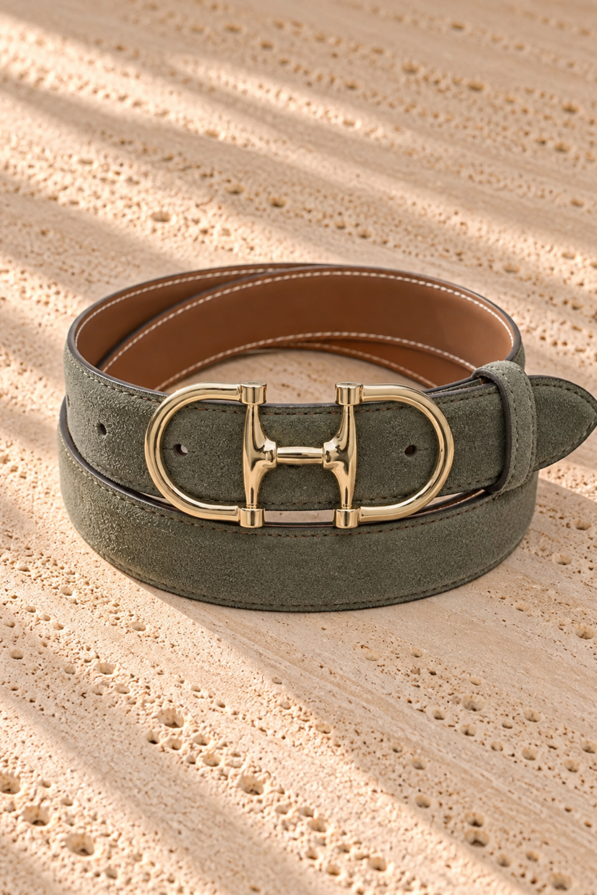 Ceinture Ambre en veau velours - Kaki-CEINTURE FEMME-Curling-Paris