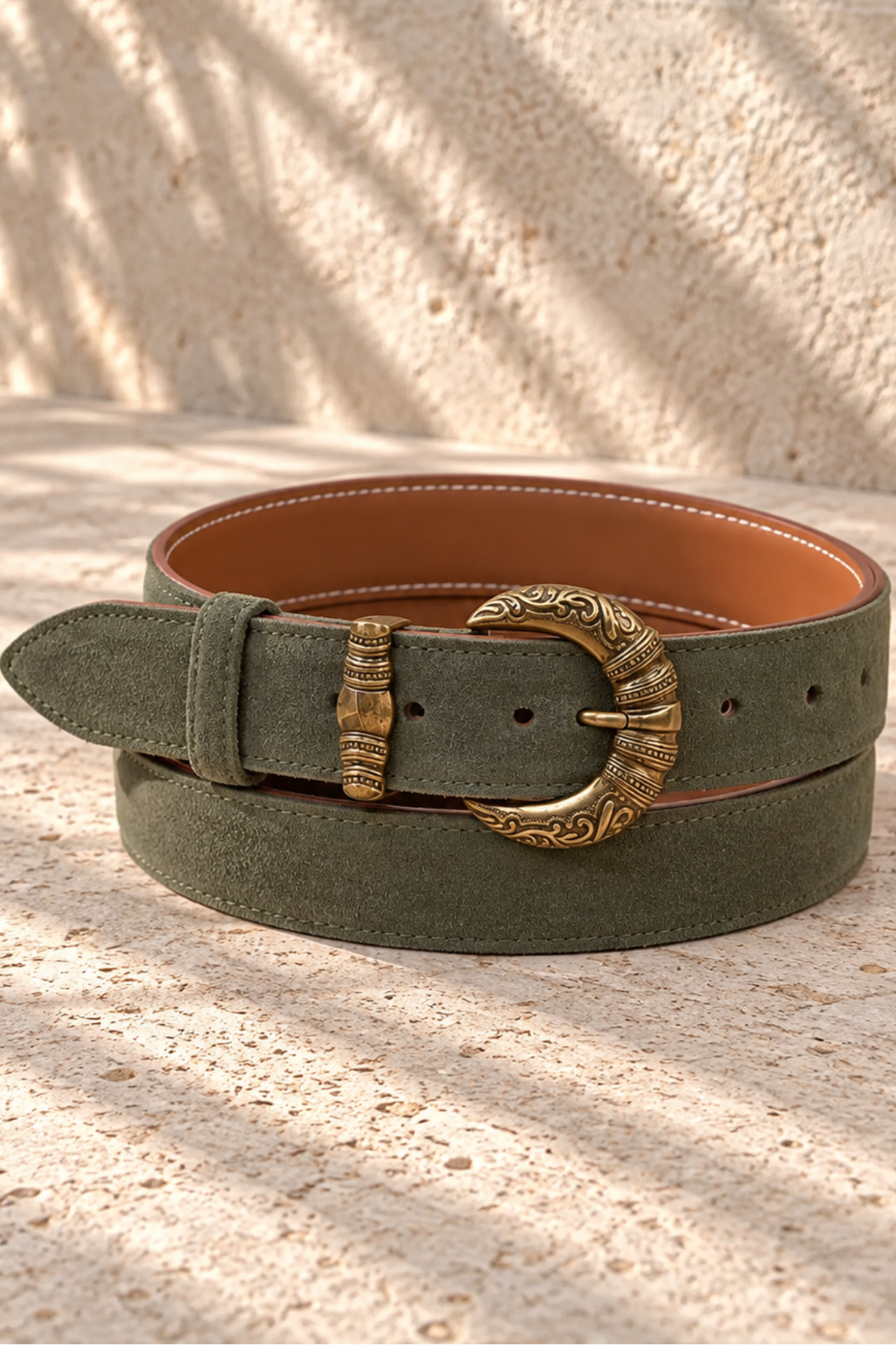 Ceinture Western boucle gravée en veau velours - Kaki-CEINTURE FEMME-Curling-Paris