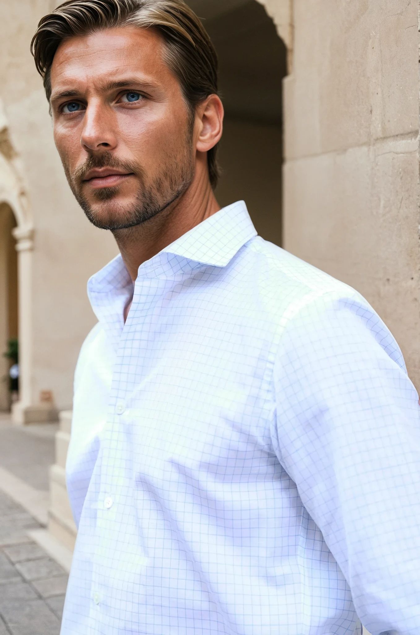 Chemise Calvin en coton & lin - Blanc à carreaux Ciel-CHEMISE HOMME-Curling-Paris