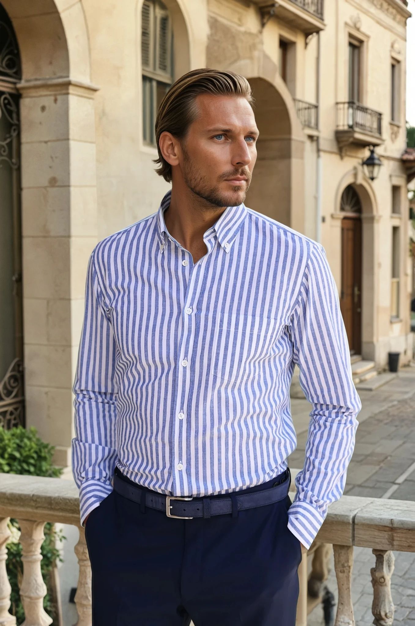 Chemise Clovis à rayure bâton en coton & lin - Bleu-CHEMISE HOMME-Curling-Paris