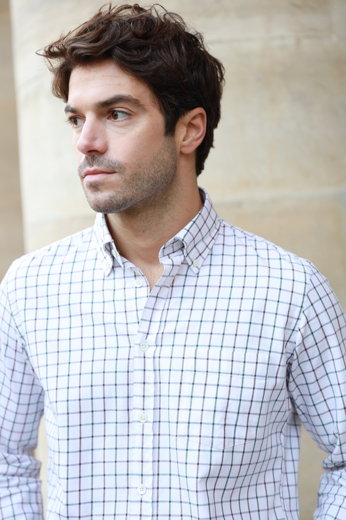 Chemise Clovis col boutonné à carreaux - Carreaux Ecru-CHEMISE HOMME-Curling-Paris