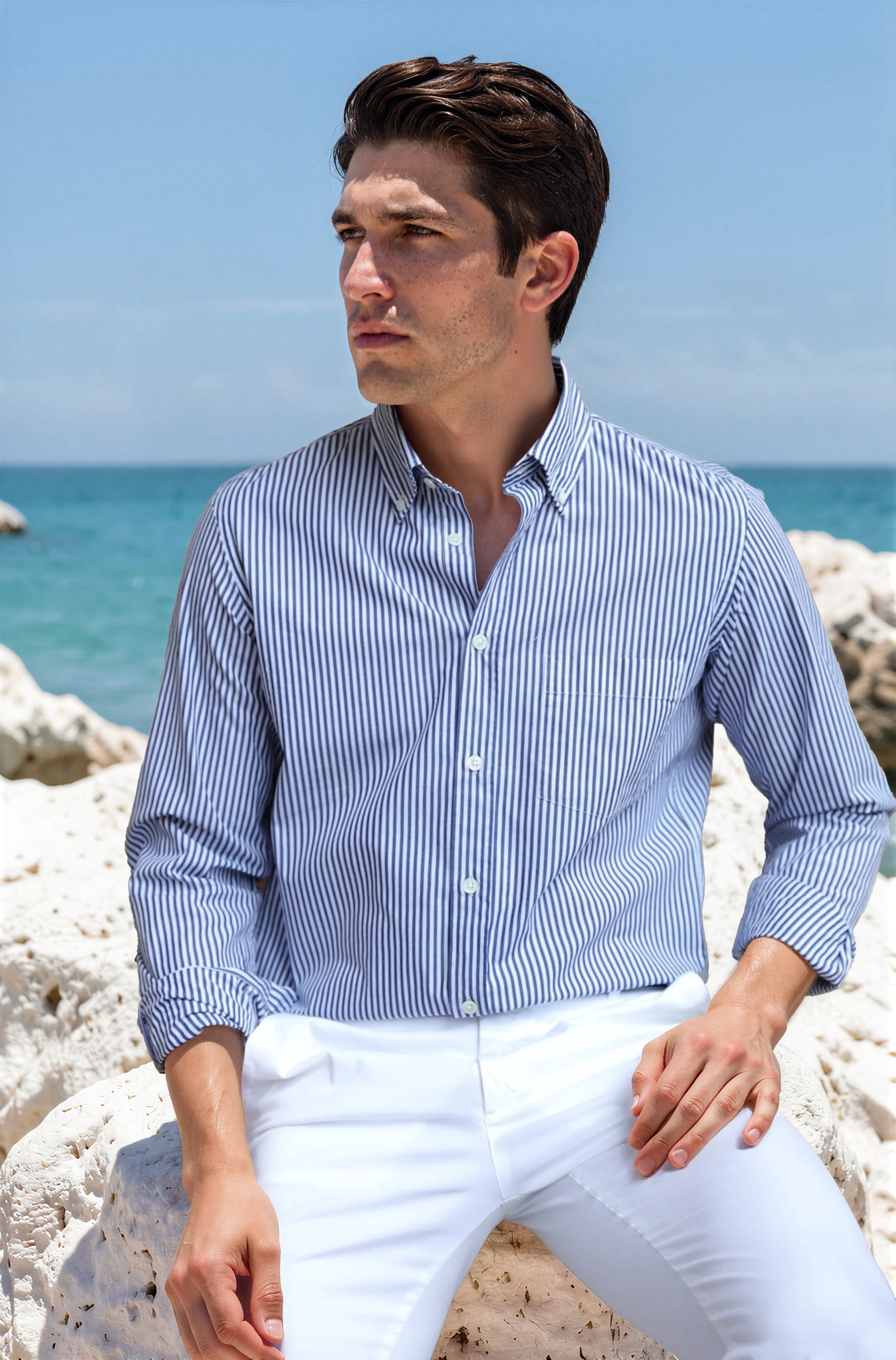 Chemise Clovis col boutonné à rayures - Bâton Jeans-CHEMISE HOMME-Curling-Paris