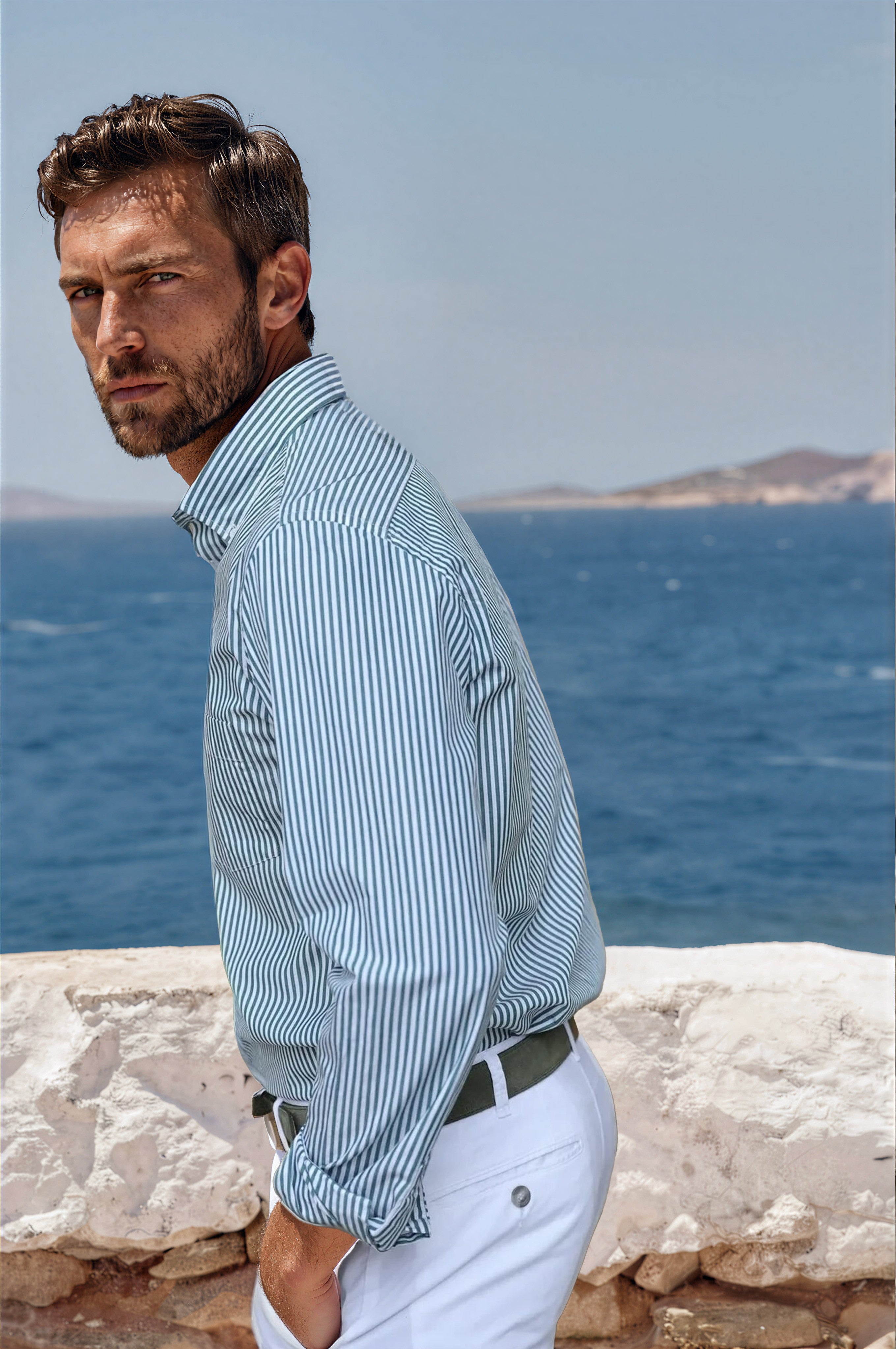 Chemise Clovis col boutonné à rayures - Bâton Vert-CHEMISE HOMME-Curling-Paris