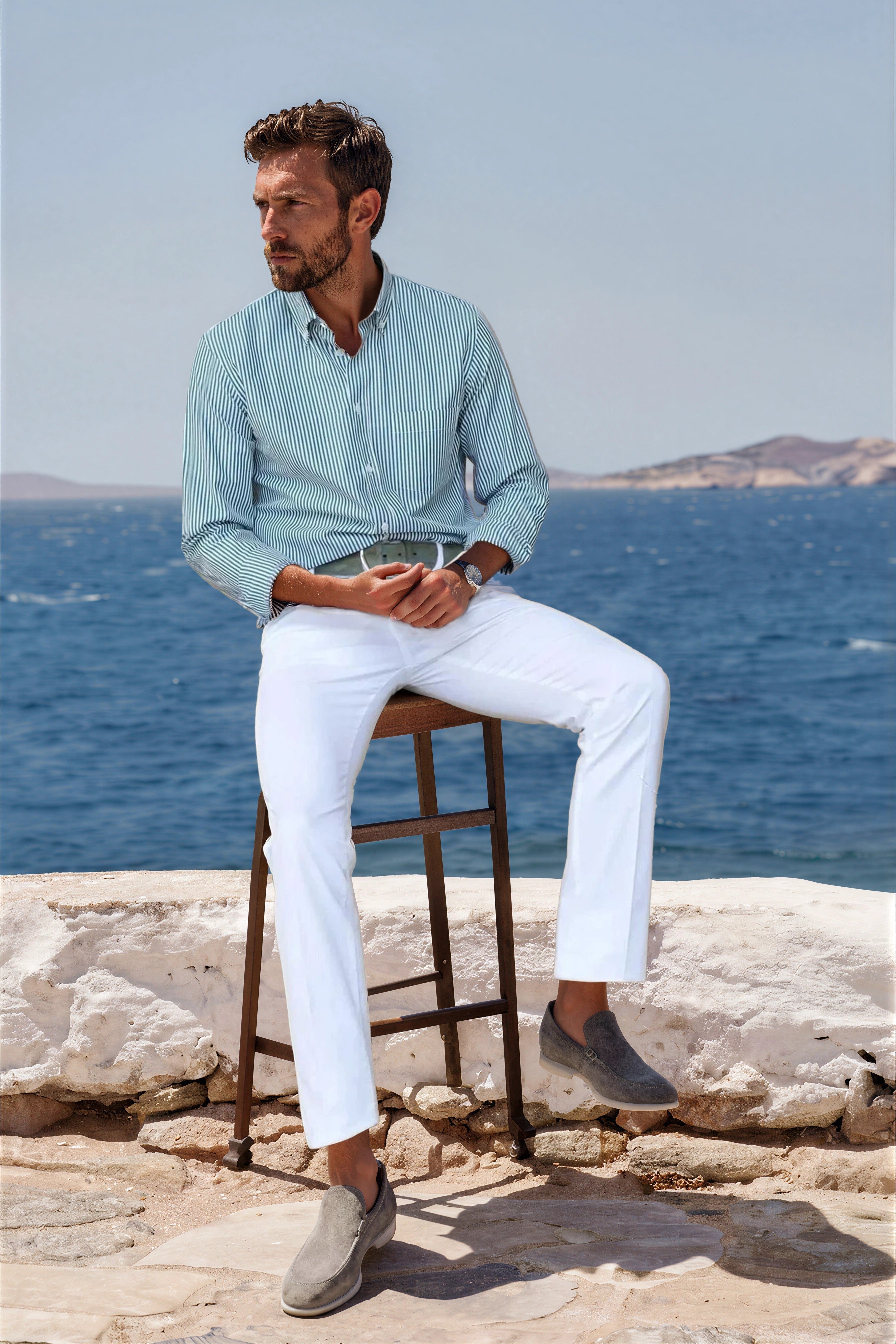Chemise Clovis col boutonné à rayures - Bâton Vert-CHEMISE HOMME-Curling-Paris