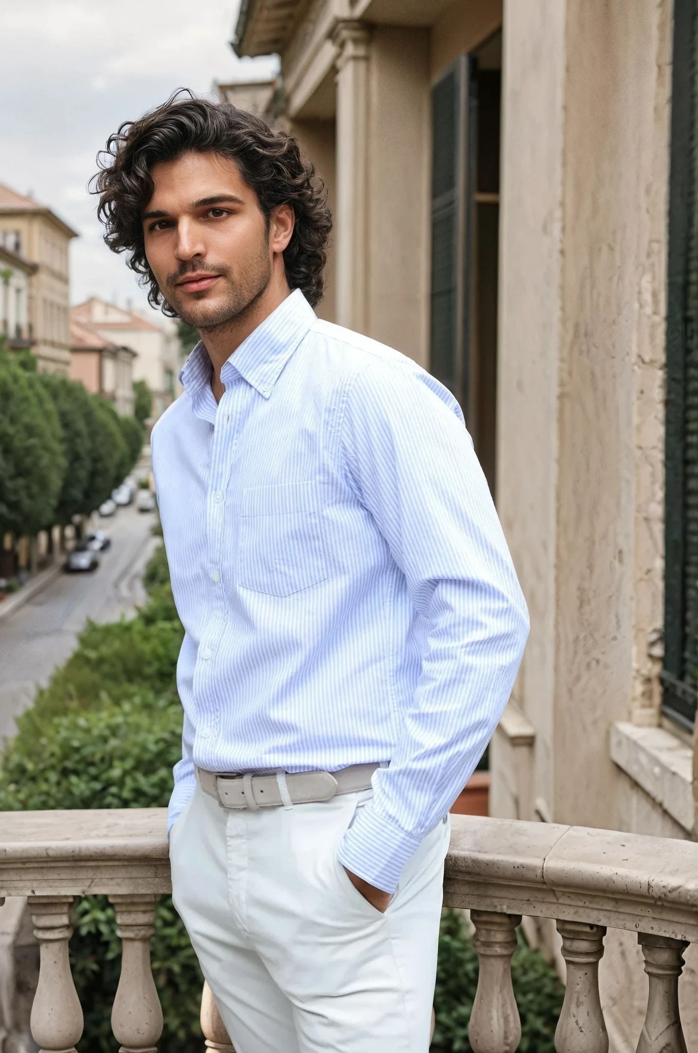 Chemise Clovis col boutonné à rayures - Ciel-CHEMISE HOMME-Curling-Paris