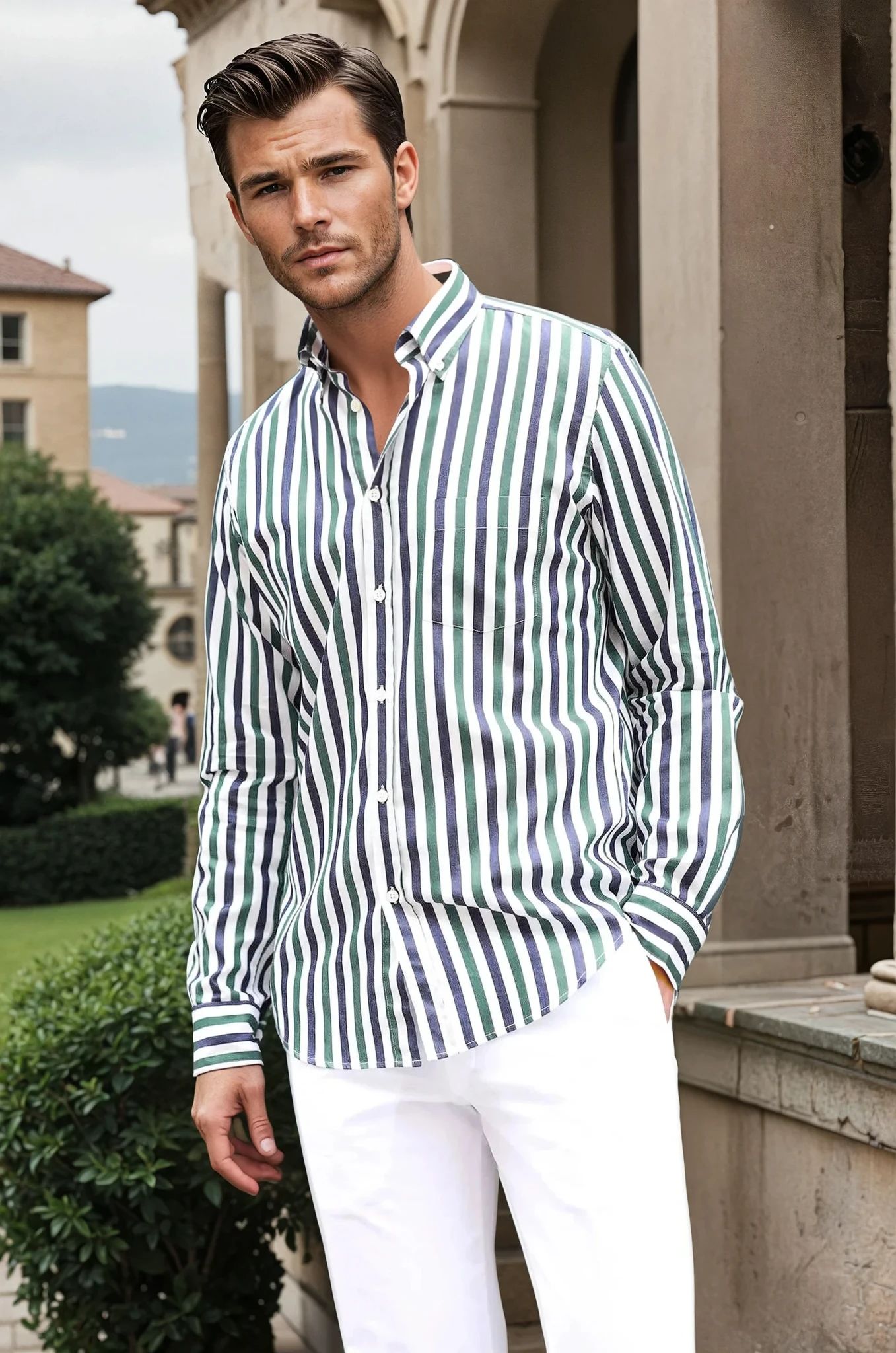 Chemise Clovis col boutonné à rayures - Marine et vert-CHEMISE HOMME-Curling-Paris