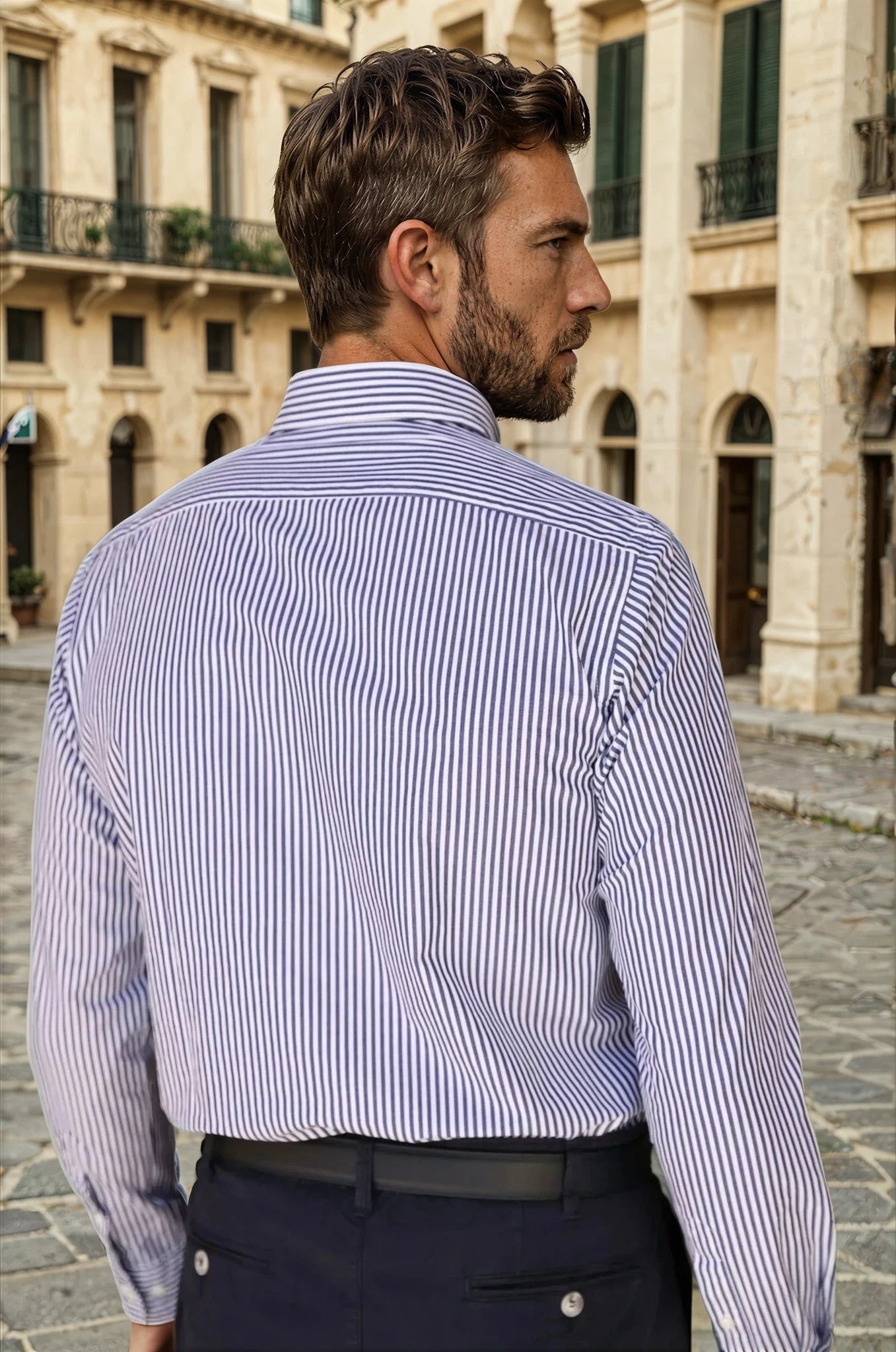 Chemise Clovis col boutonné à rayures bâton - Marine-CHEMISE HOMME-Curling-Paris