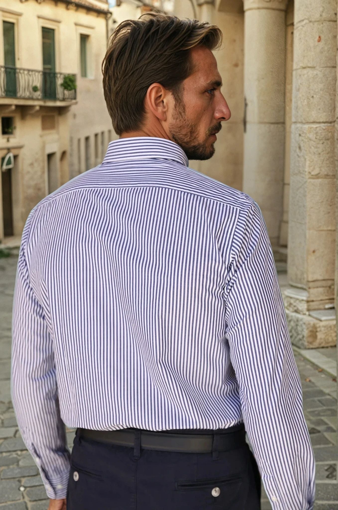 Chemise Clovis col boutonné à rayures bâton - Marine-CHEMISE HOMME-Curling-Paris