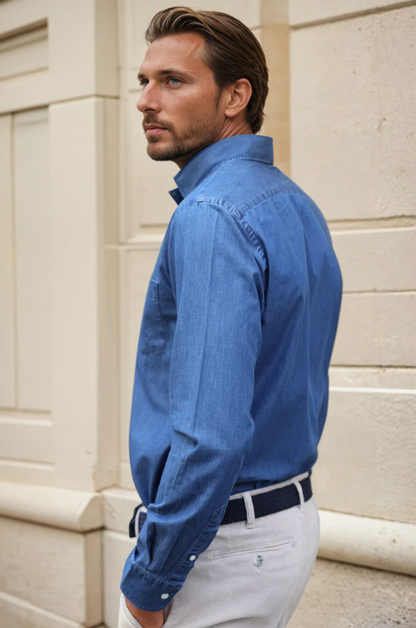 Chemise Clovis col boutonné en denim - Bleu moyen-CHEMISE HOMME-Curling-Paris