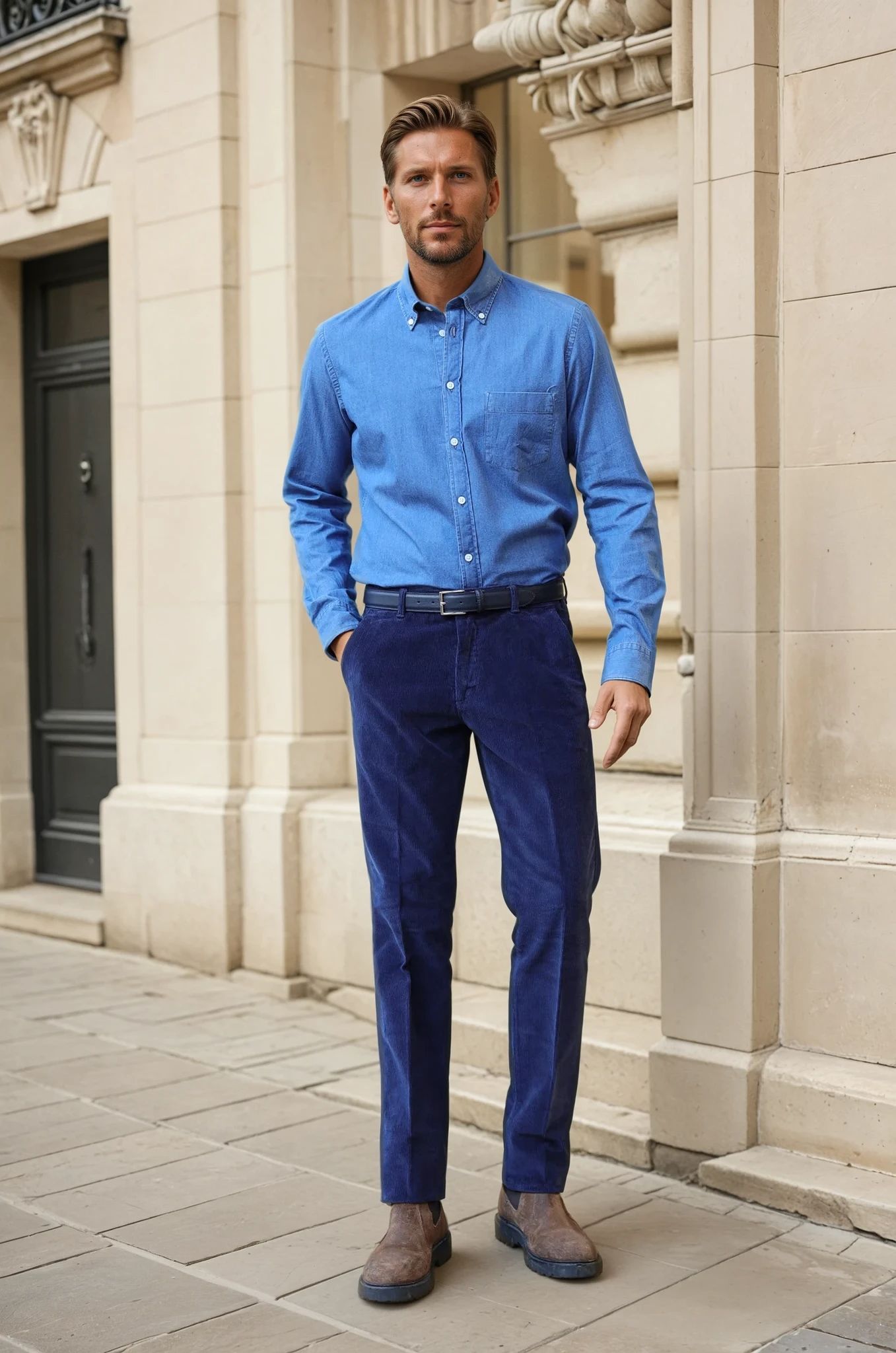Chemise Clovis col boutonné en denim - Bleu moyen-CHEMISE HOMME-Curling-Paris