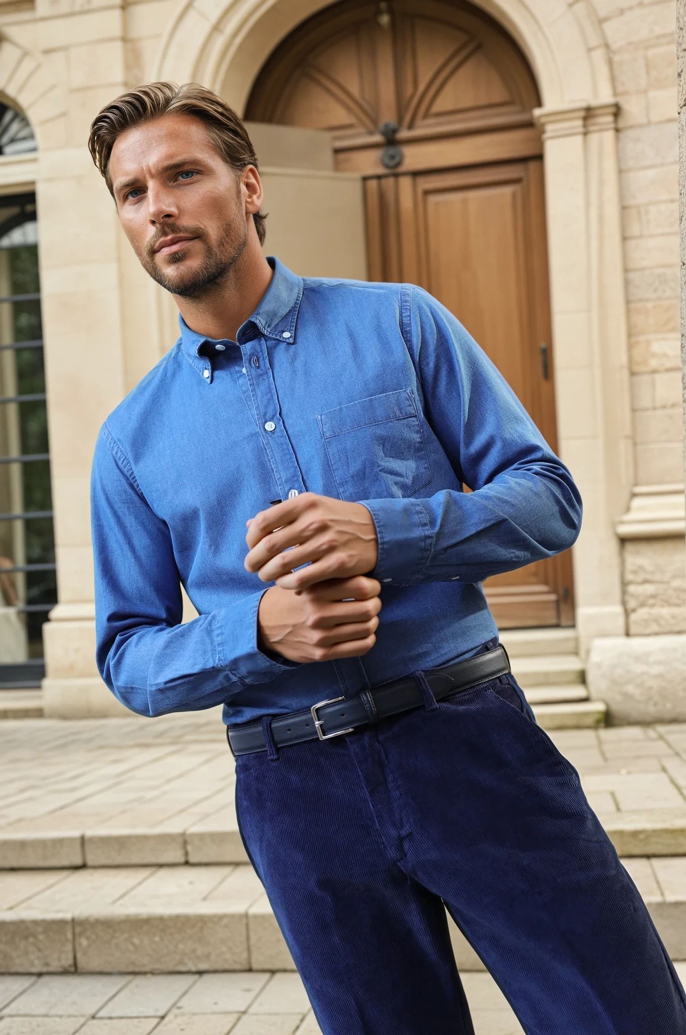 Chemise Clovis col boutonné en denim - Bleu moyen-CHEMISE HOMME-Curling-Paris