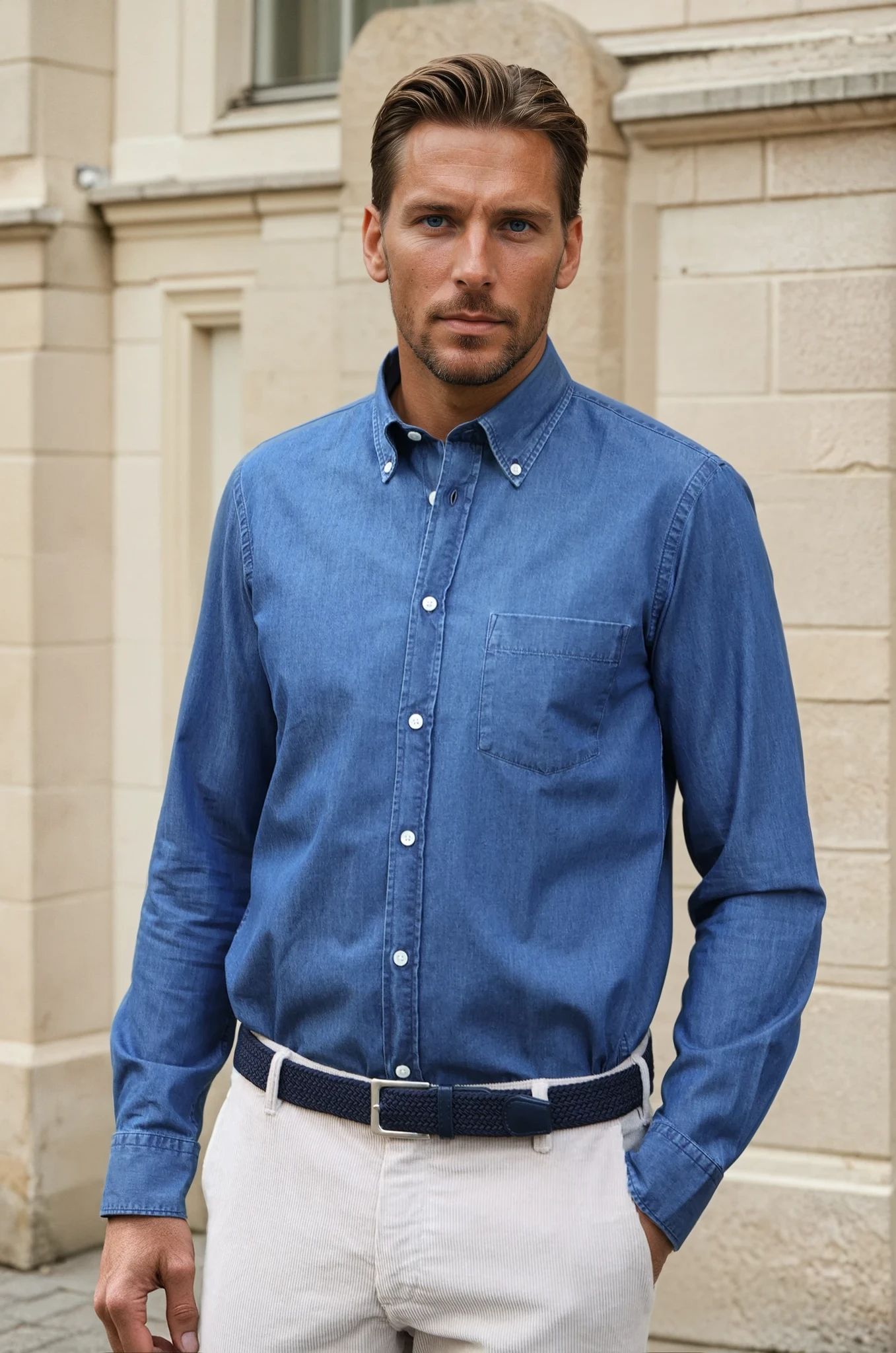 Chemise Clovis col boutonné en denim - Bleu moyen-CHEMISE HOMME-Curling-Paris