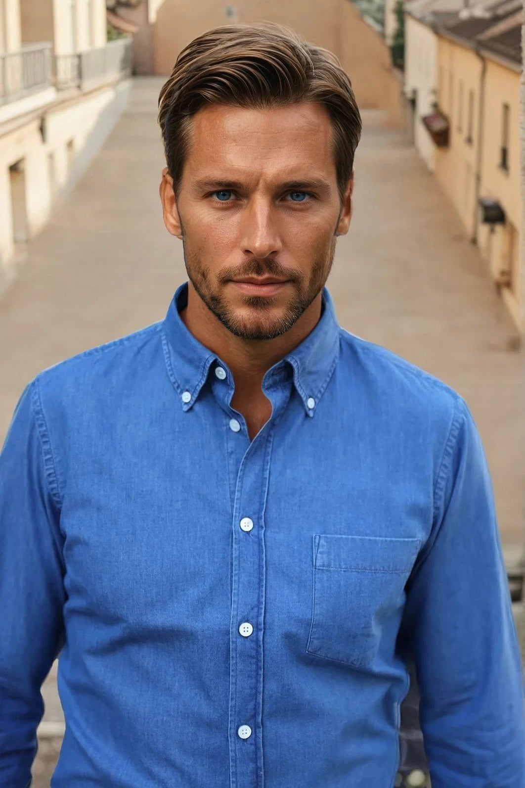 Chemise Clovis col boutonné en jean - bleu-CHEMISE HOMME-Curling-Paris