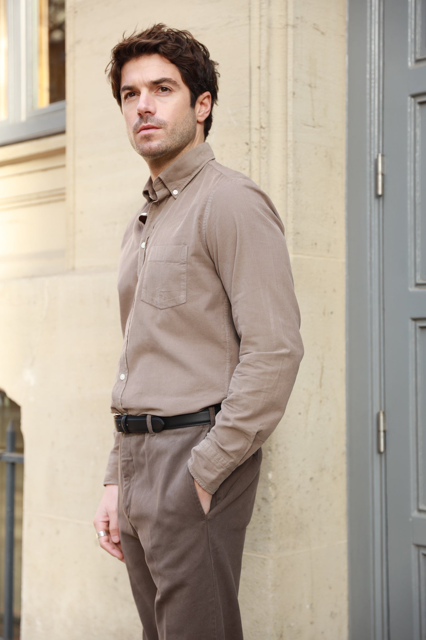 Chemise Clovis col boutonné en velours - Beige-CHEMISE HOMME-Curling-Paris