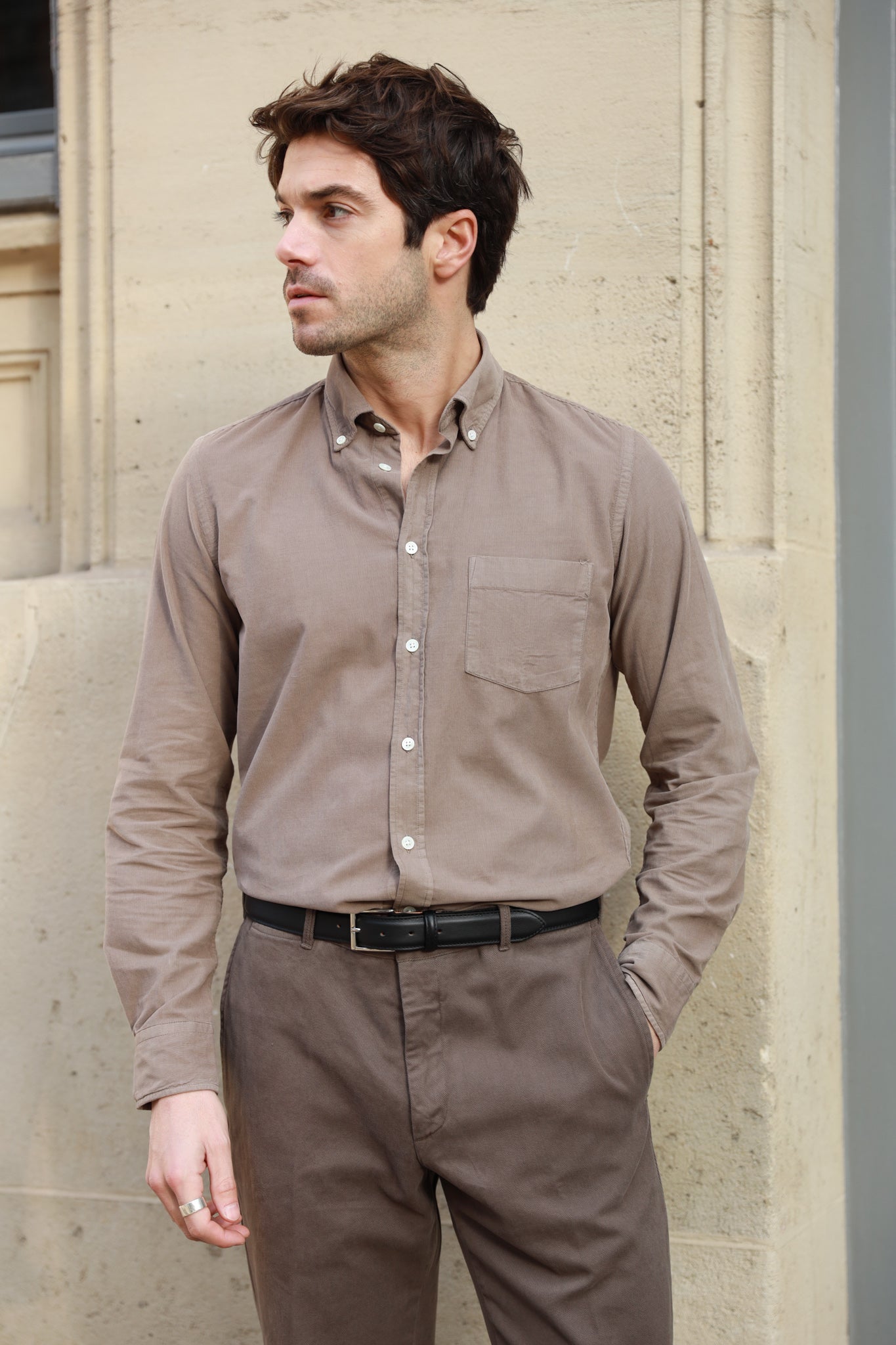 Chemise Clovis col boutonné en velours - Beige-CHEMISE HOMME-Curling-Paris