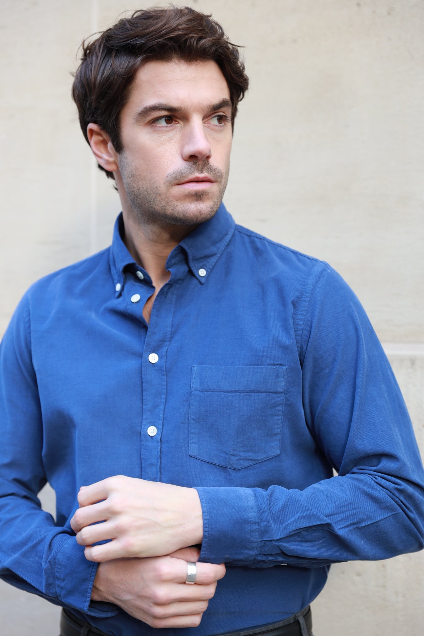 Chemise Clovis col boutonné en velours - Denim-CHEMISE HOMME-Curling-Paris