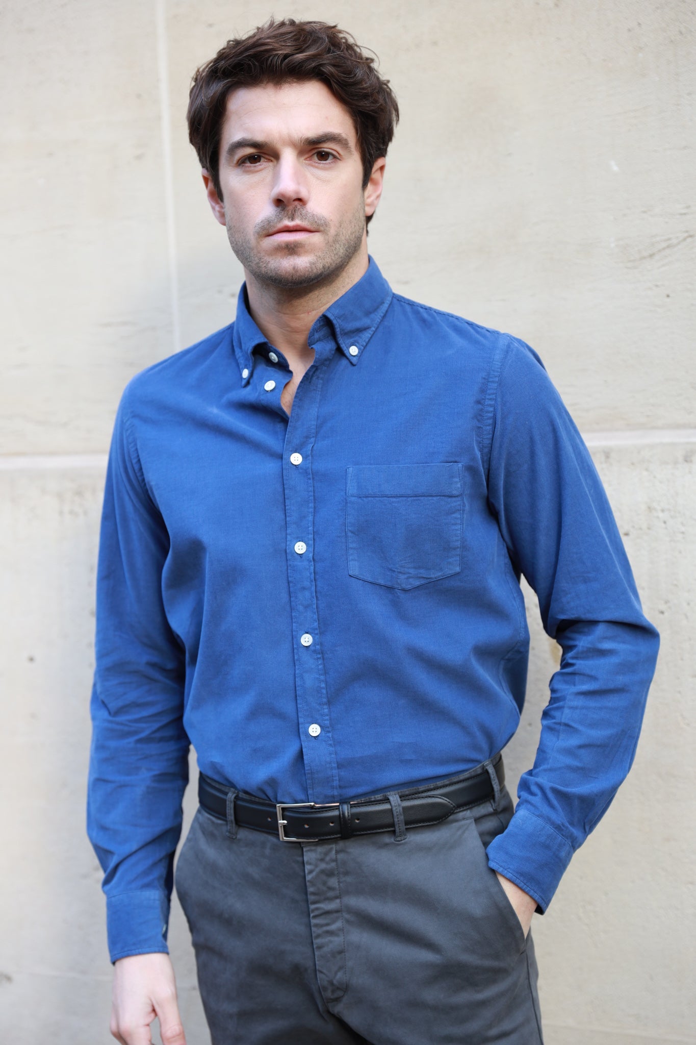 Chemise Clovis col boutonné en velours - Denim-CHEMISE HOMME-Curling-Paris