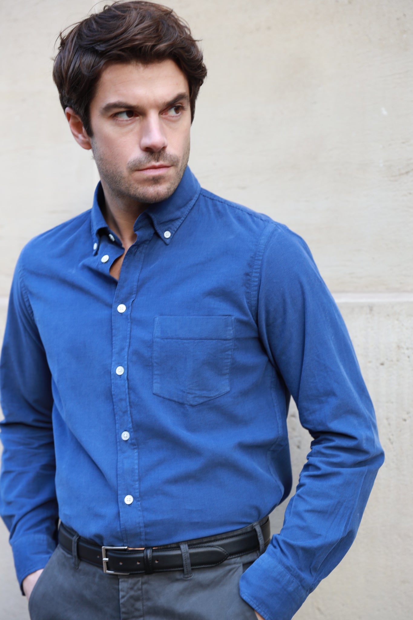 Chemise Clovis col boutonné en velours - Denim-CHEMISE HOMME-Curling-Paris