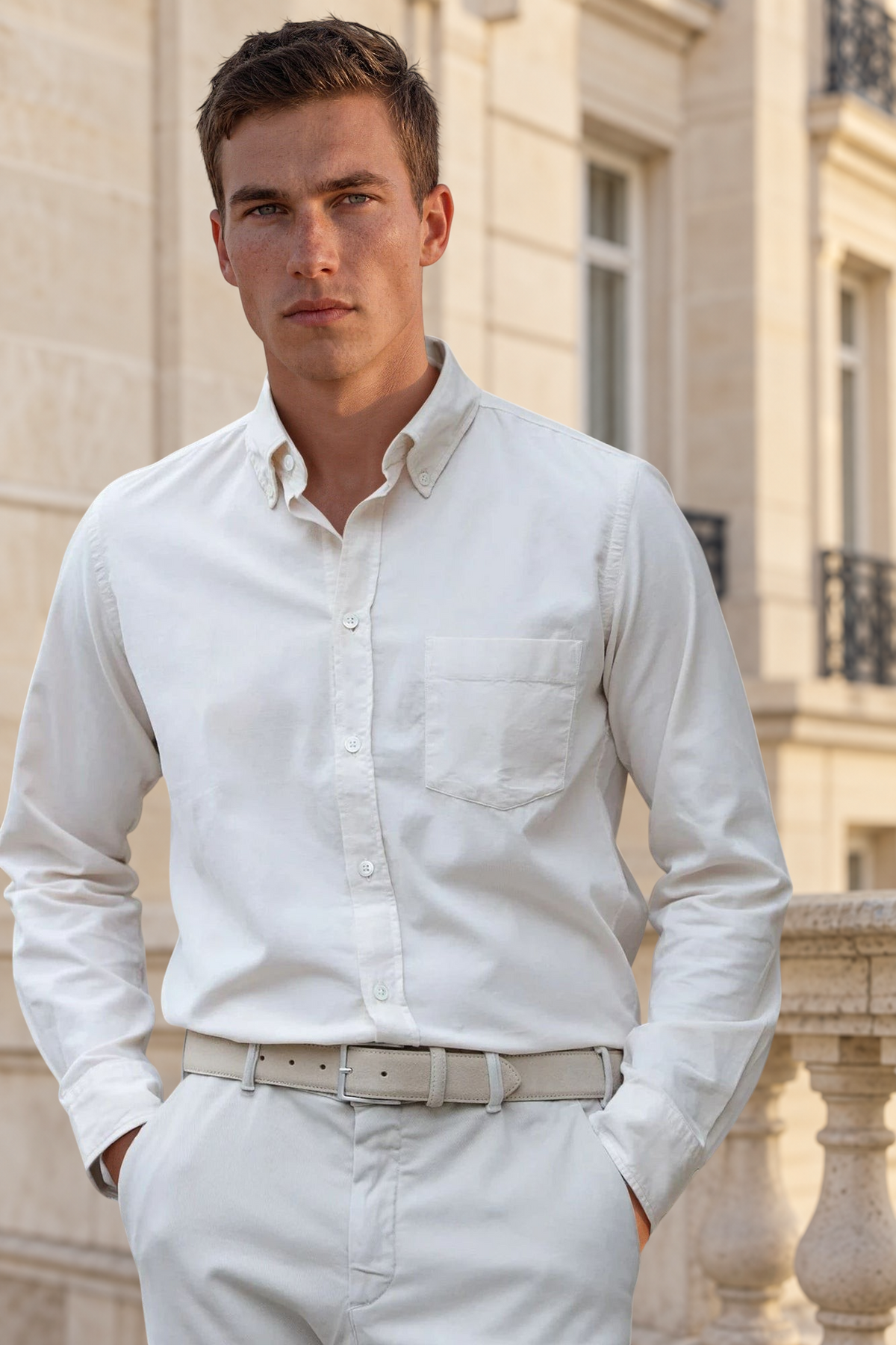 Homme portant une chemise Curling Clovis en velours milleraies écru avec col boutonné et boutons en nacre