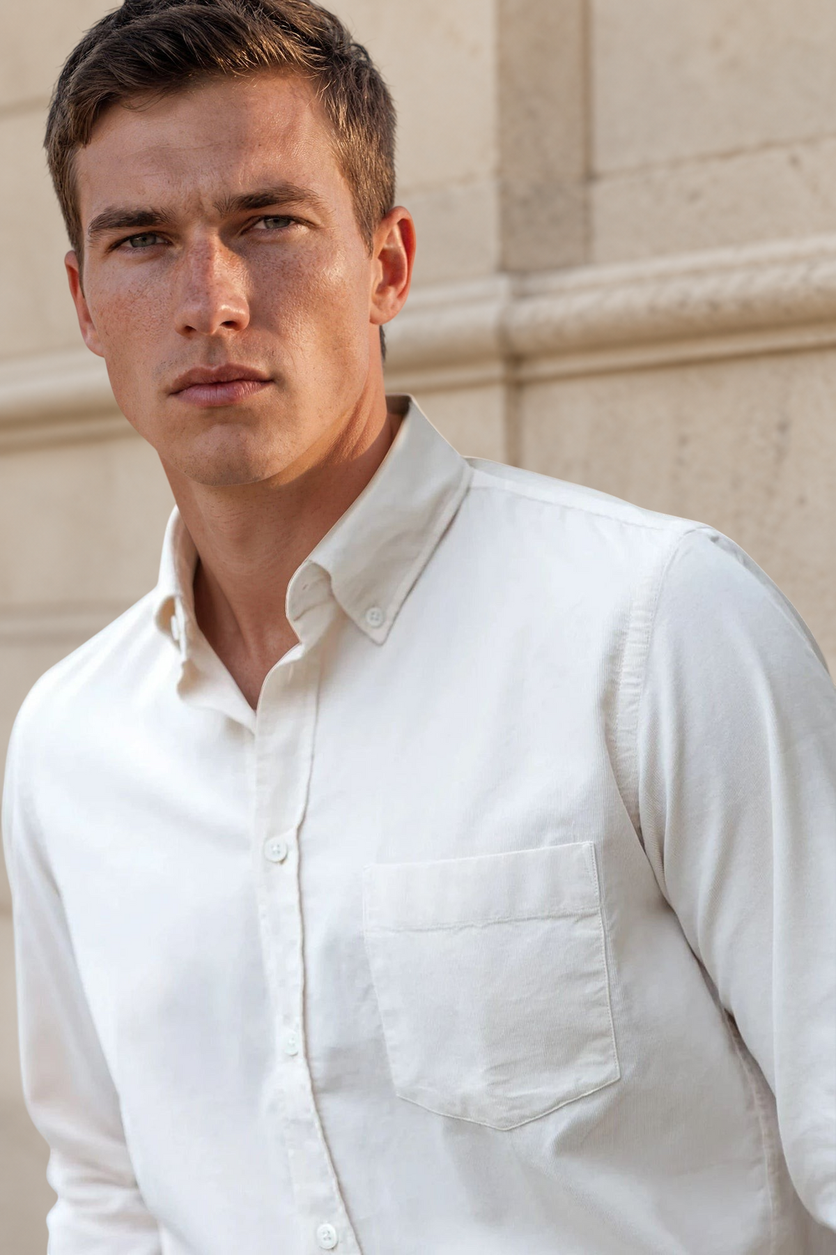 Chemise Clovis col boutonné en velours - Ecru-CHEMISE HOMME-Curling-Paris
