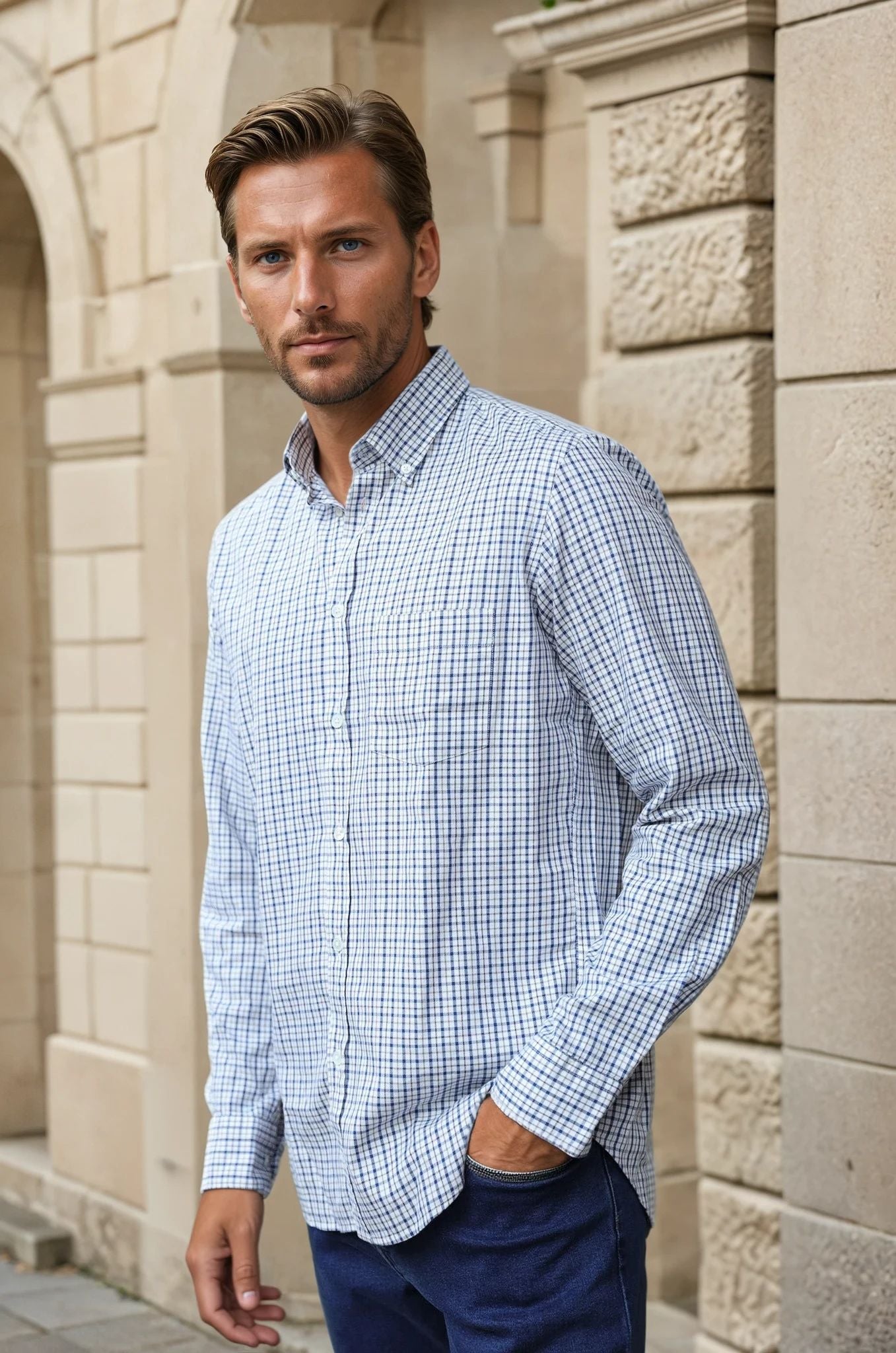 Chemise Clovis en coton - carreau écru-CHEMISE HOMME-Curling-Paris