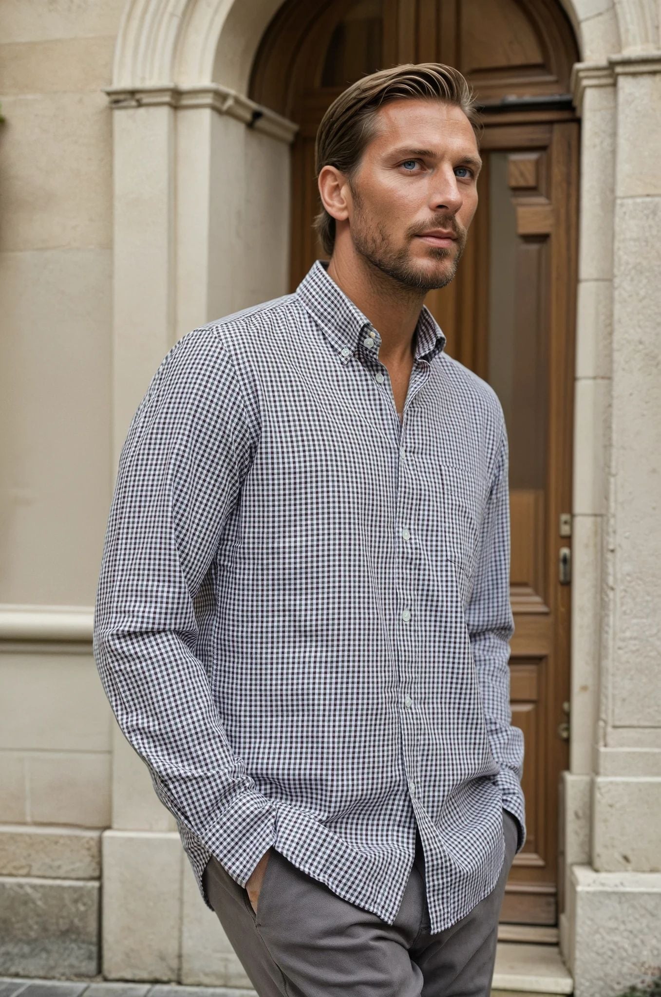 Chemise Clovis en coton - carreau kaki marron-CHEMISE HOMME-Curling-Paris