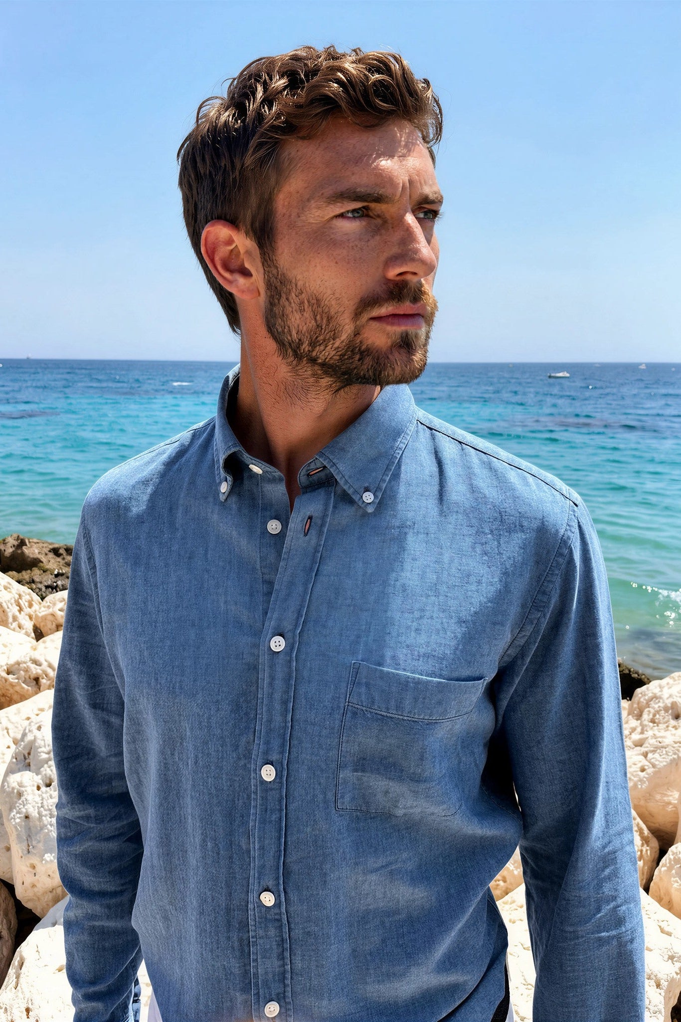 Chemise Clovis en coton et lin - Bleu denim-CHEMISE HOMME-Curling-Paris