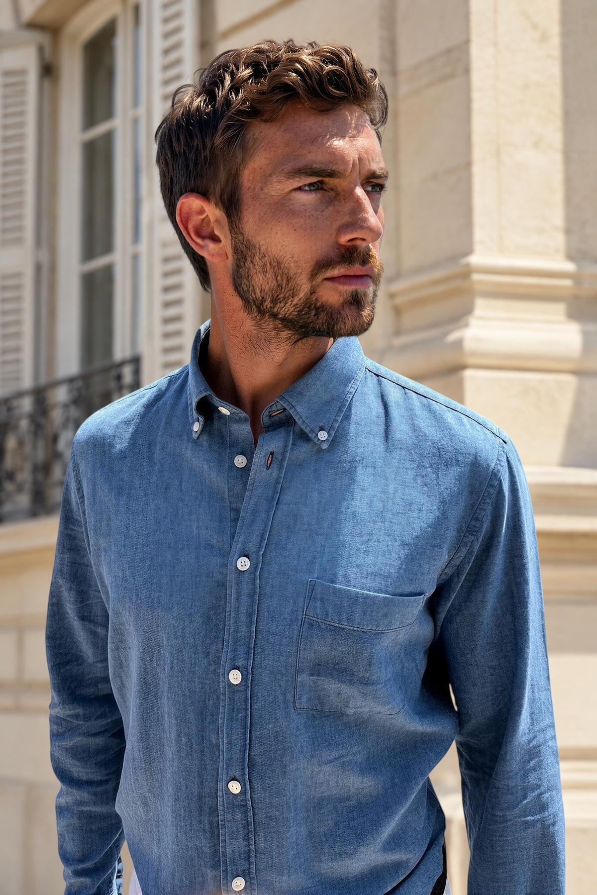 Chemise Clovis en coton et lin - Bleu denim-CHEMISE HOMME-Curling-Paris