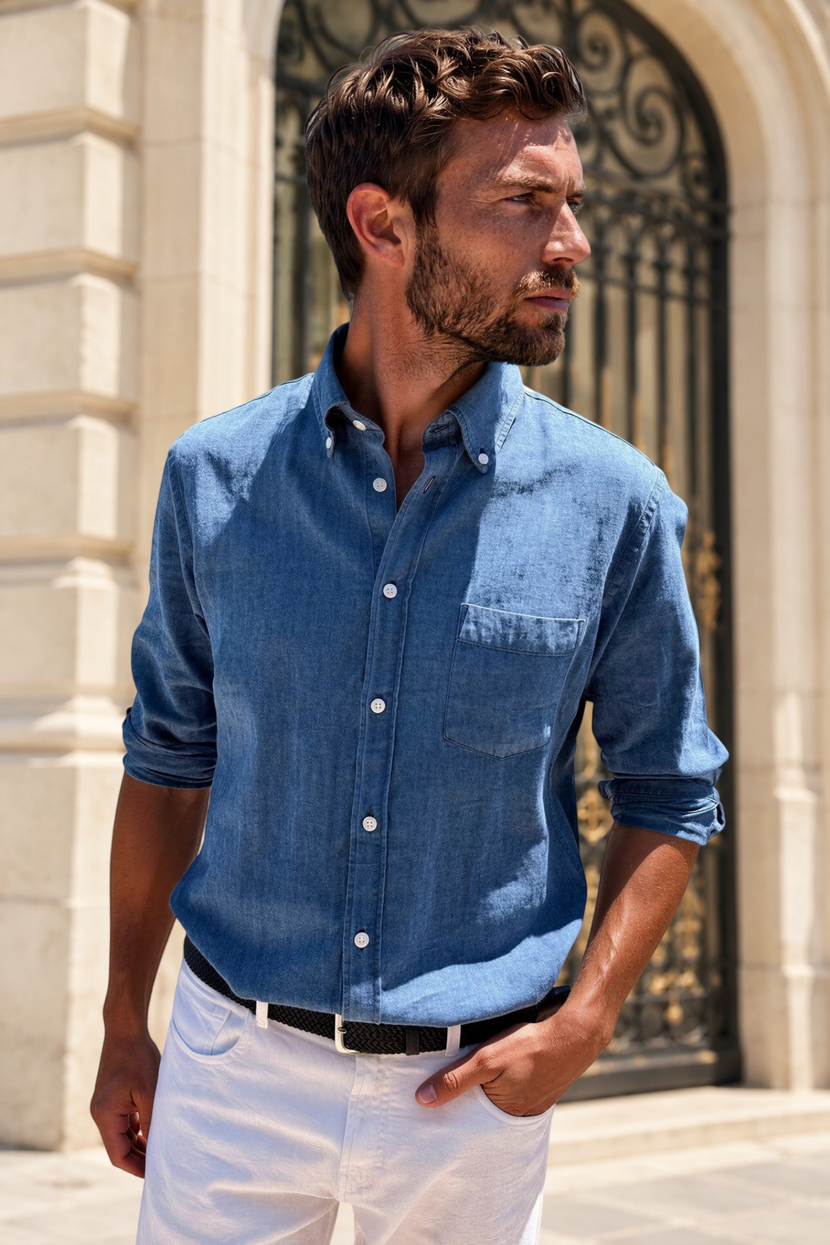 Chemise Clovis en coton et lin - Bleu denim-CHEMISE HOMME-Curling-Paris