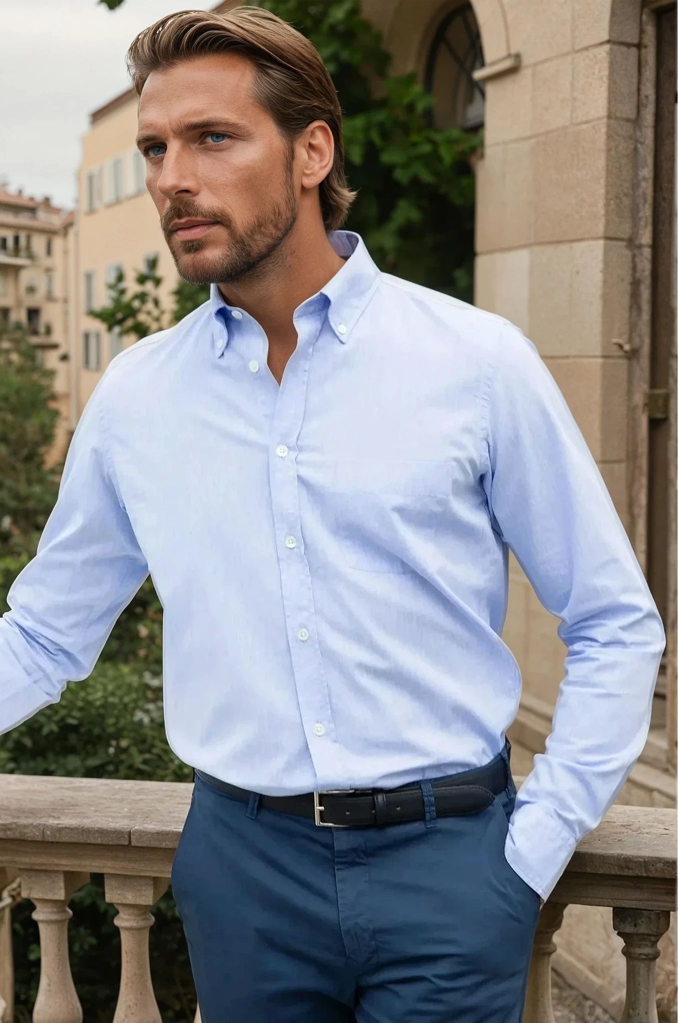 Chemise Clovis en coton et lin - Chiné Ciel-CHEMISE HOMME-Curling-Paris