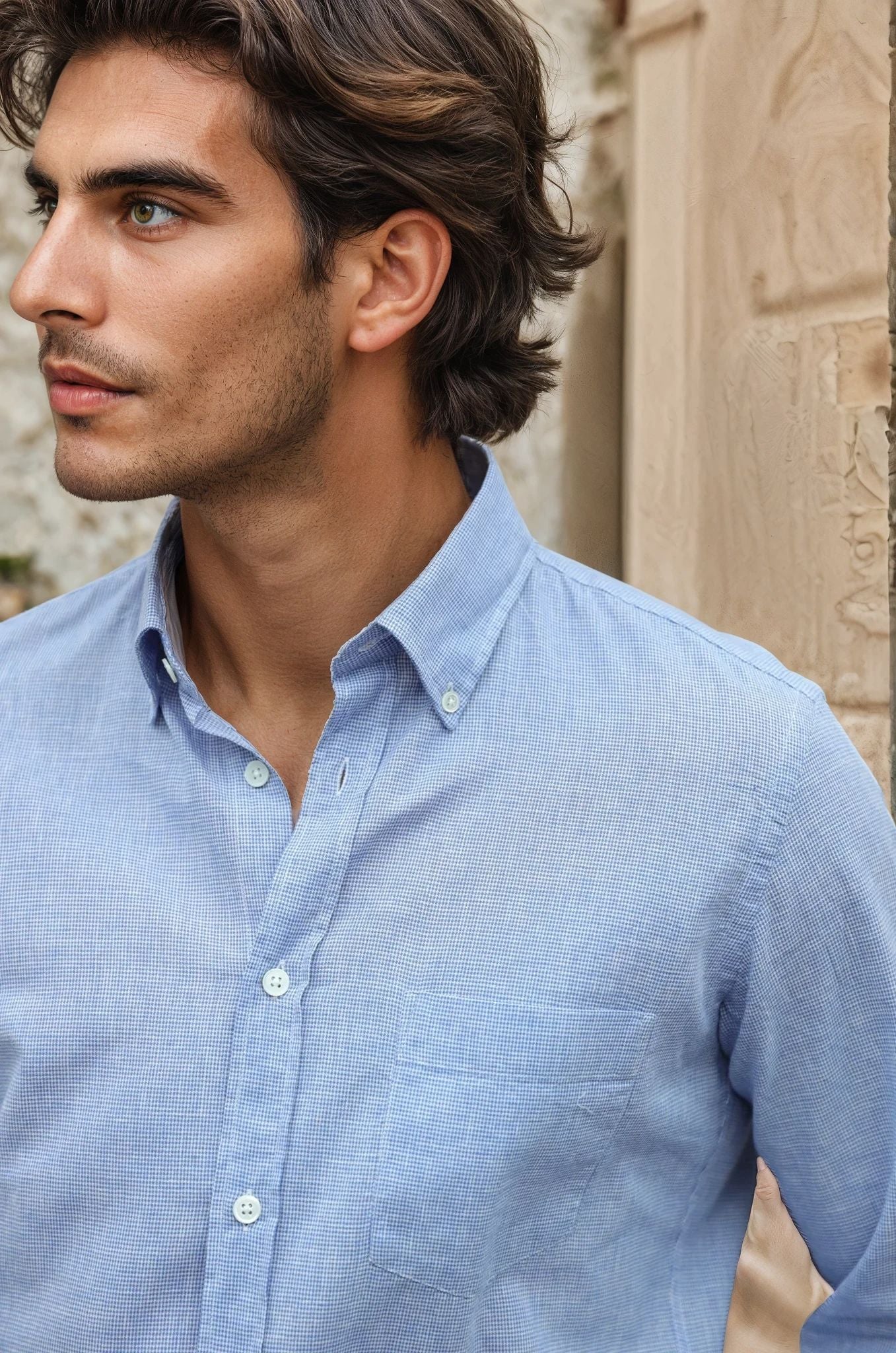 Chemise Clovis en coton & lin - Pied de puce bleu-CHEMISE HOMME-Curling-Paris