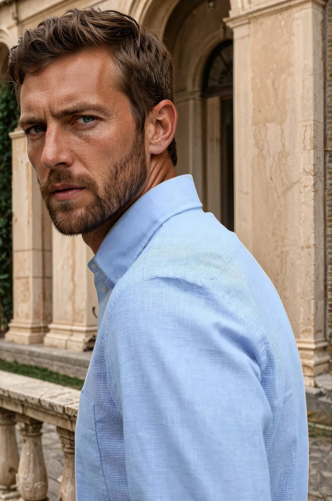 Chemise Clovis en coton & lin - Pied de puce bleu-CHEMISE HOMME-Curling-Paris