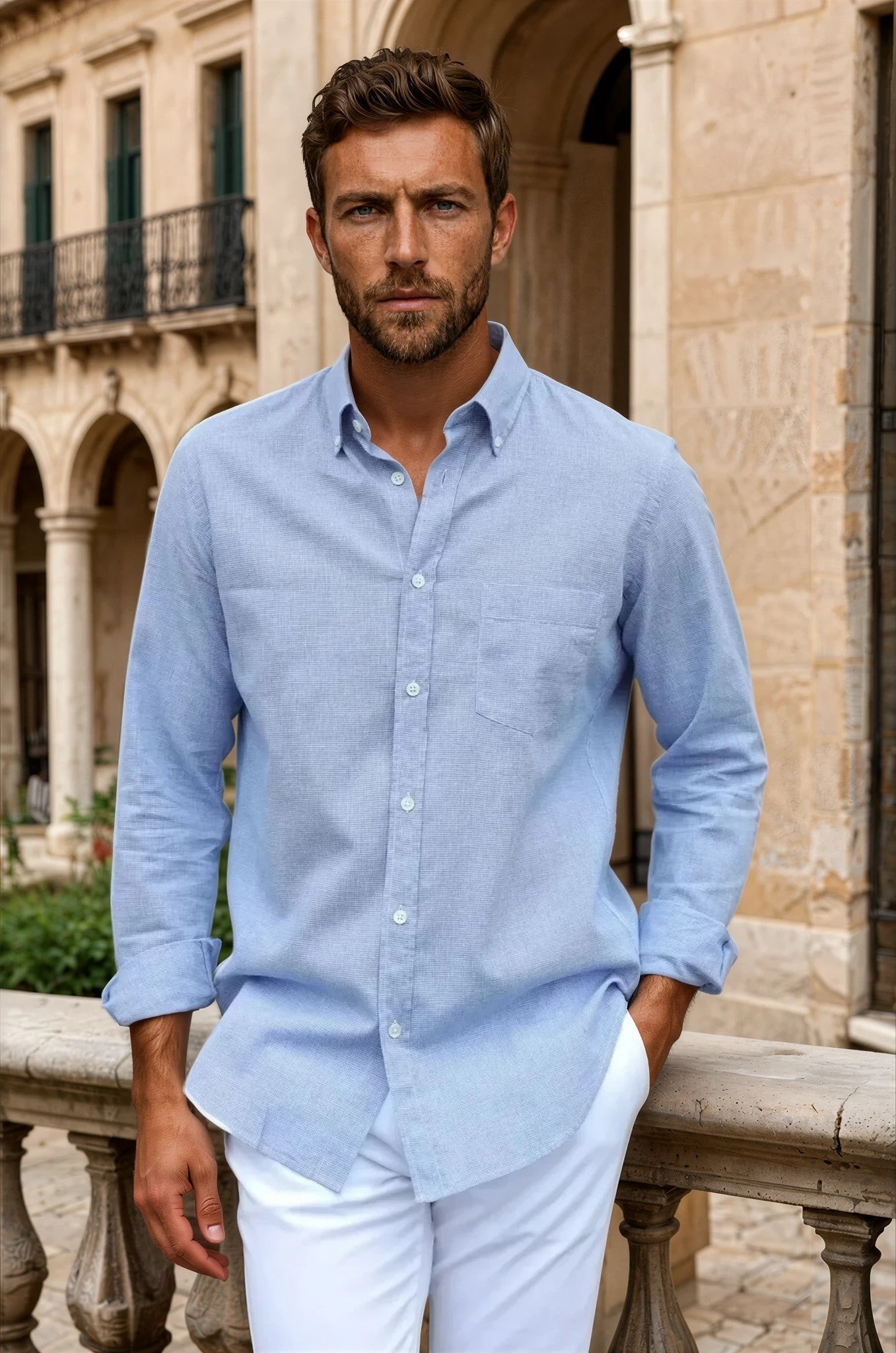 Chemise Clovis en coton & lin - Pied de puce bleu-CHEMISE HOMME-Curling-Paris