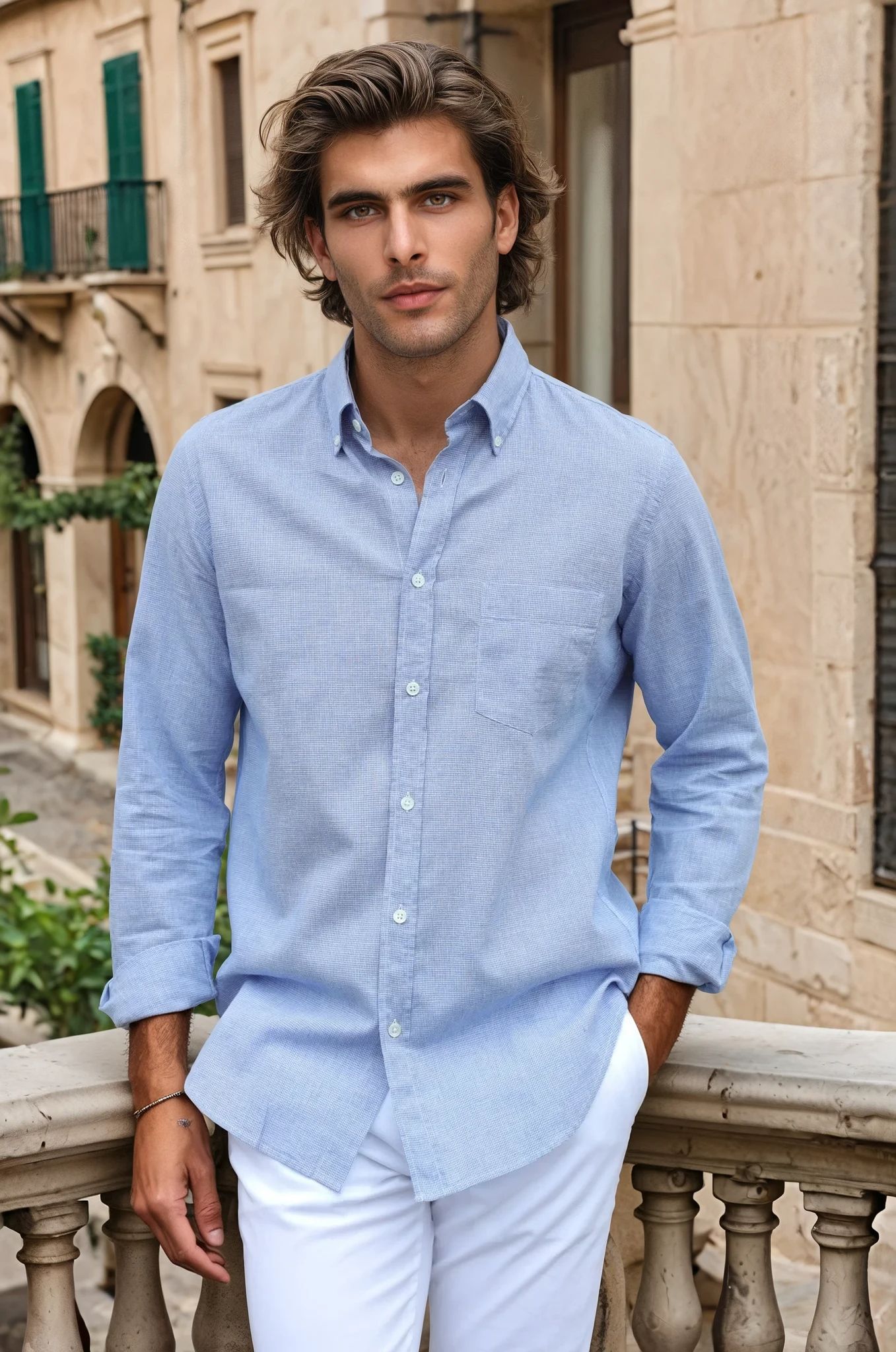 Chemise Clovis en coton & lin - Pied de puce bleu-CHEMISE HOMME-Curling-Paris
