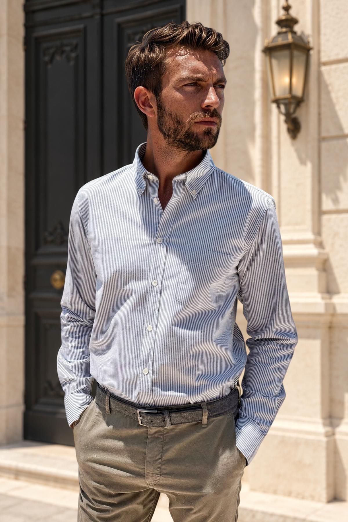 Chemise Clovis en coton oxford - Rayure Sauge-CHEMISE HOMME-Curling-Paris