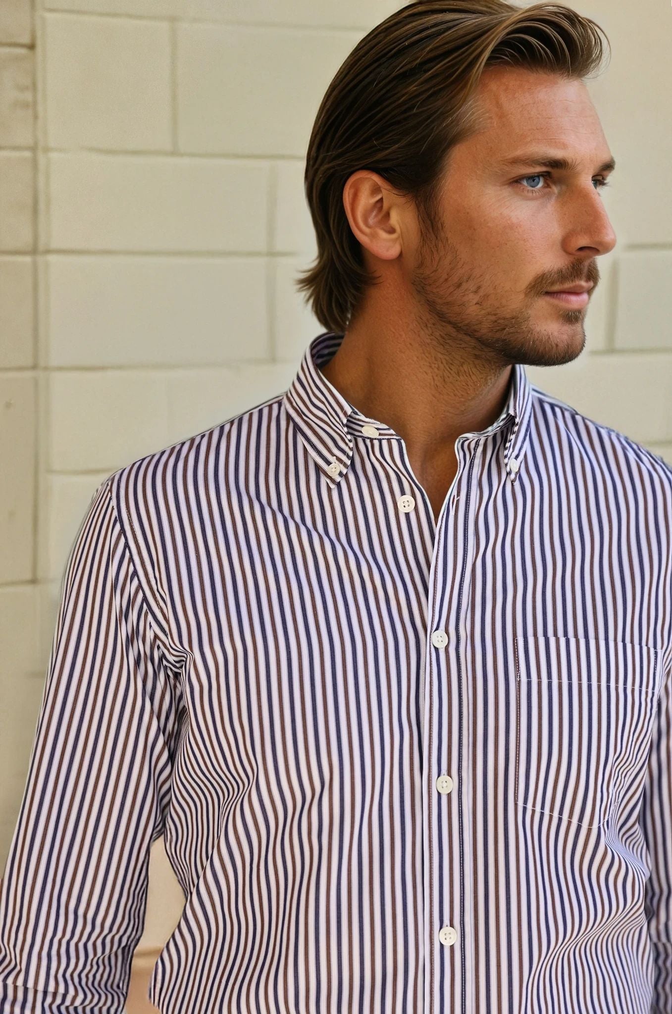 Chemise Clovis en coton rayé - Marine et Marron-CHEMISE HOMME-Curling-Paris