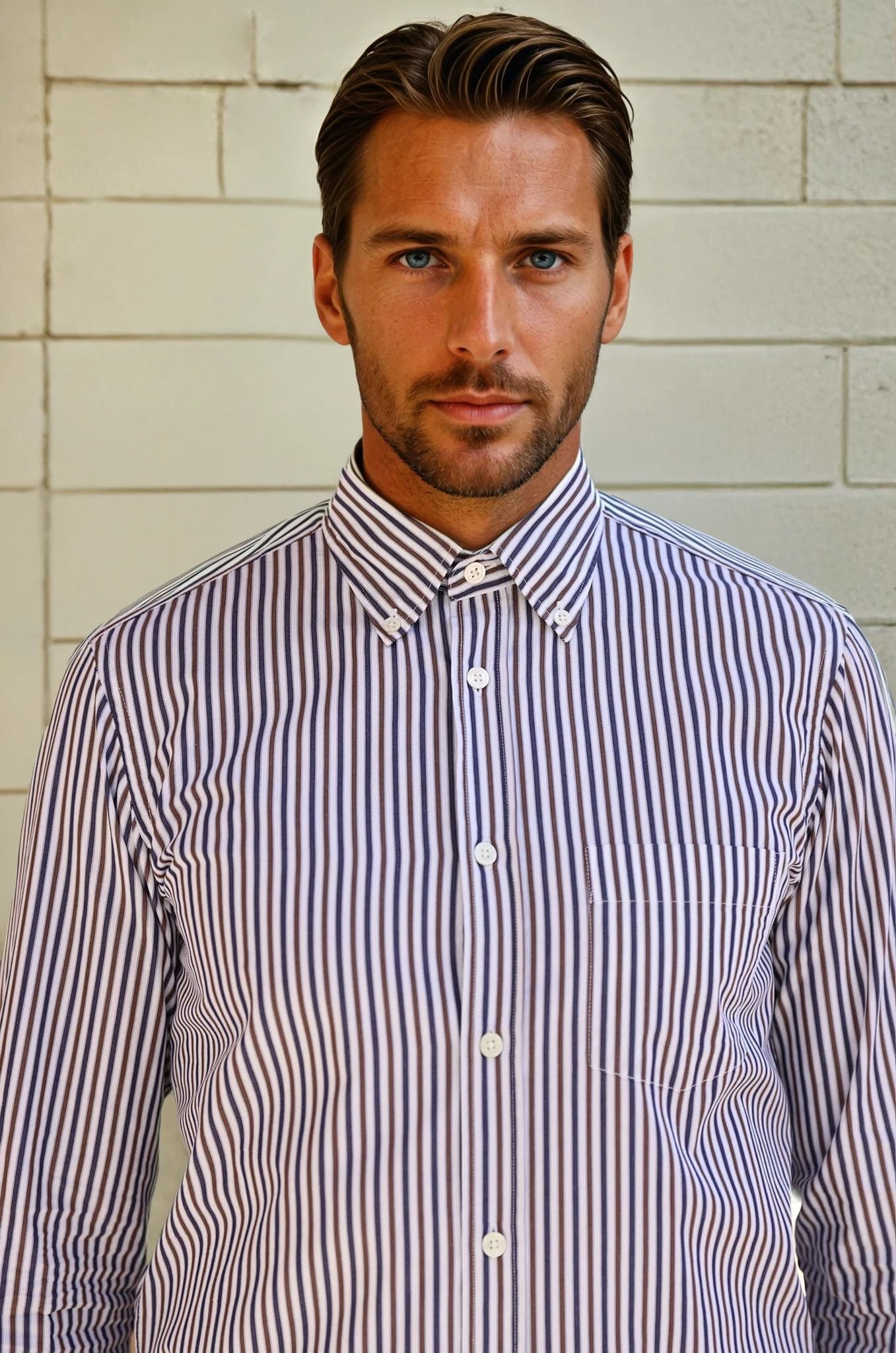 Chemise Clovis en coton rayé - Marine et Marron-CHEMISE HOMME-Curling-Paris