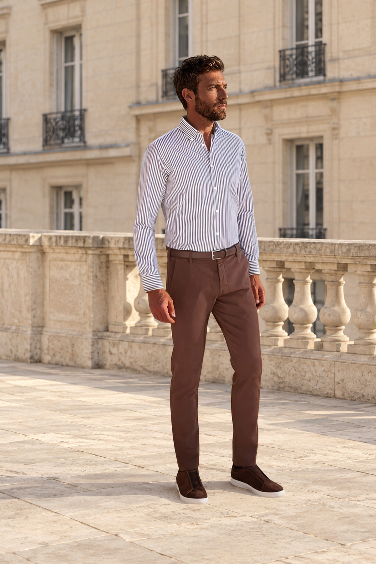 Chemise Clovis en coton rayé - Marine et Marron-CHEMISE HOMME-Curling-Paris