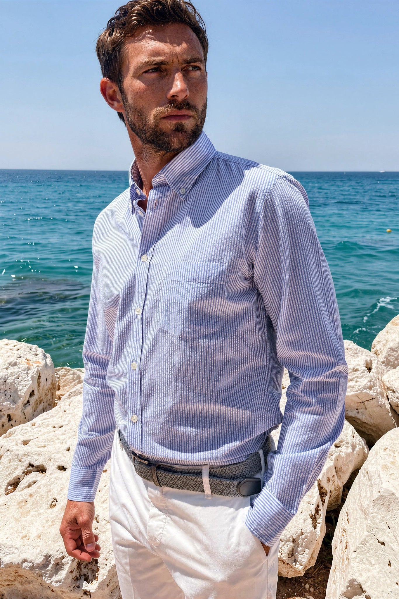 Chemise Clovis en coton seersucker - rayure bleu-CHEMISE HOMME-Curling-Paris