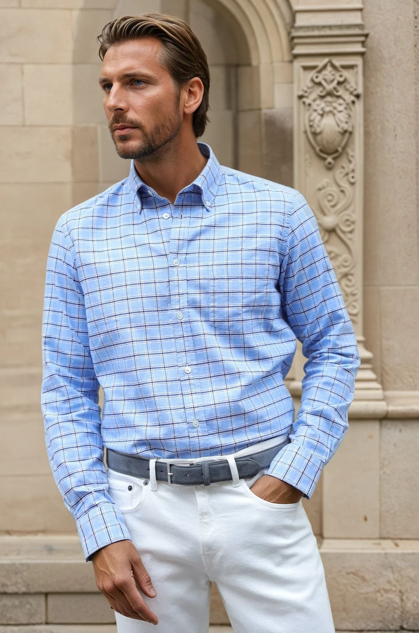 Chemise Clovis en flanelle de coton - Carreau ciel-CHEMISE HOMME-Curling-Paris