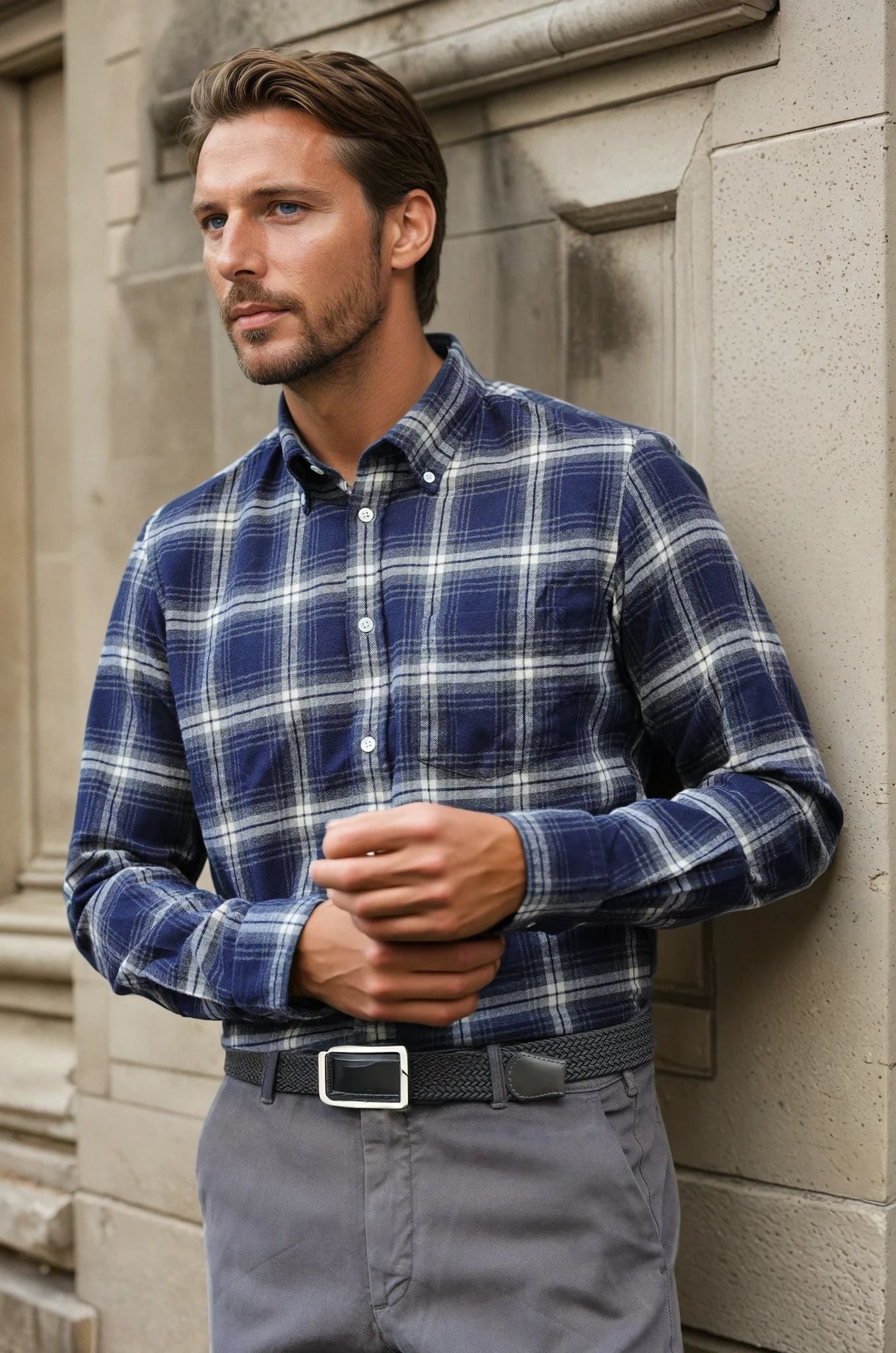 Chemise Clovis en flanelle de coton - Carreau marine-CHEMISE HOMME-Curling-Paris