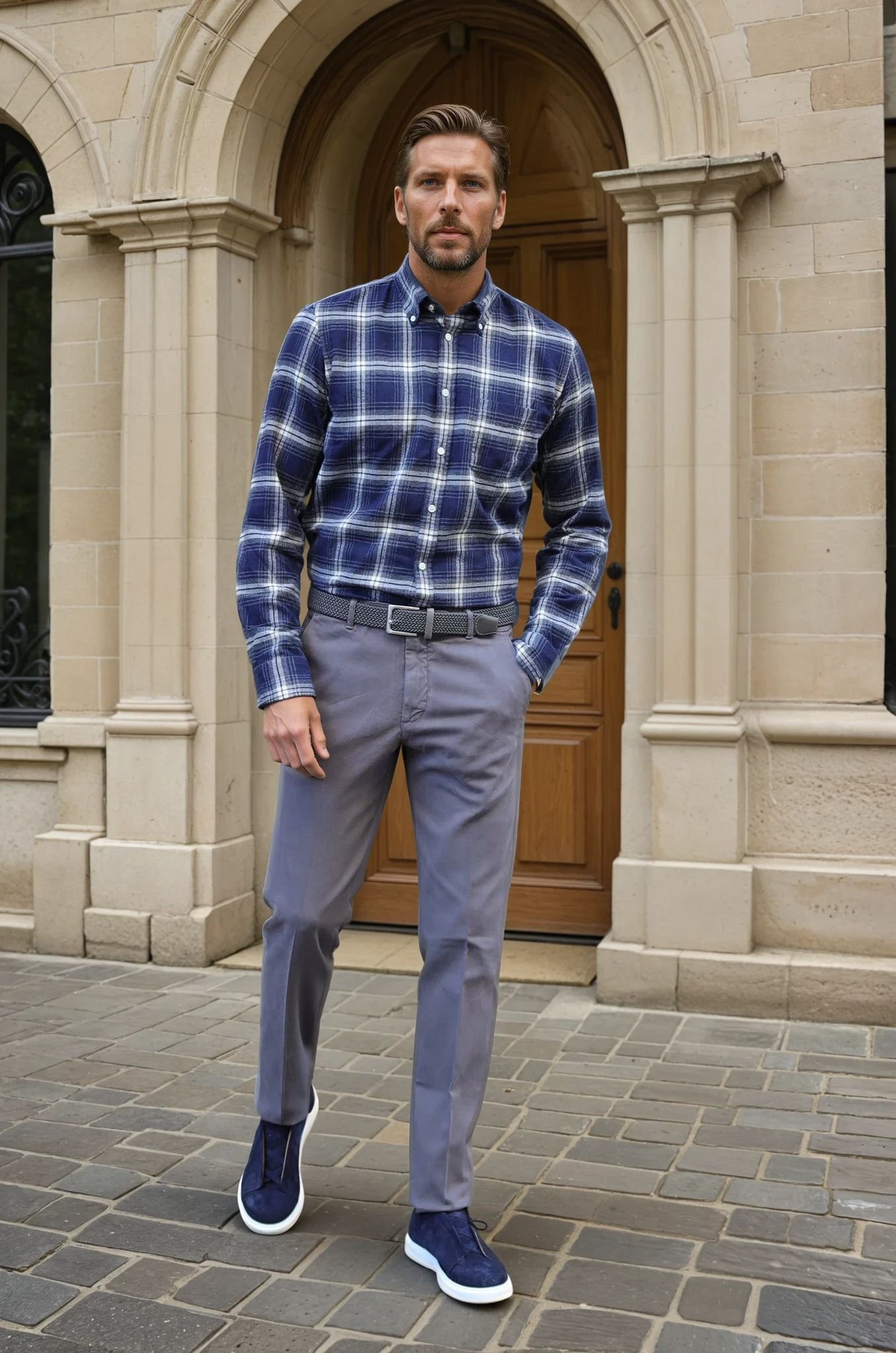 Chemise Clovis en flanelle de coton - Carreau marine-CHEMISE HOMME-Curling-Paris