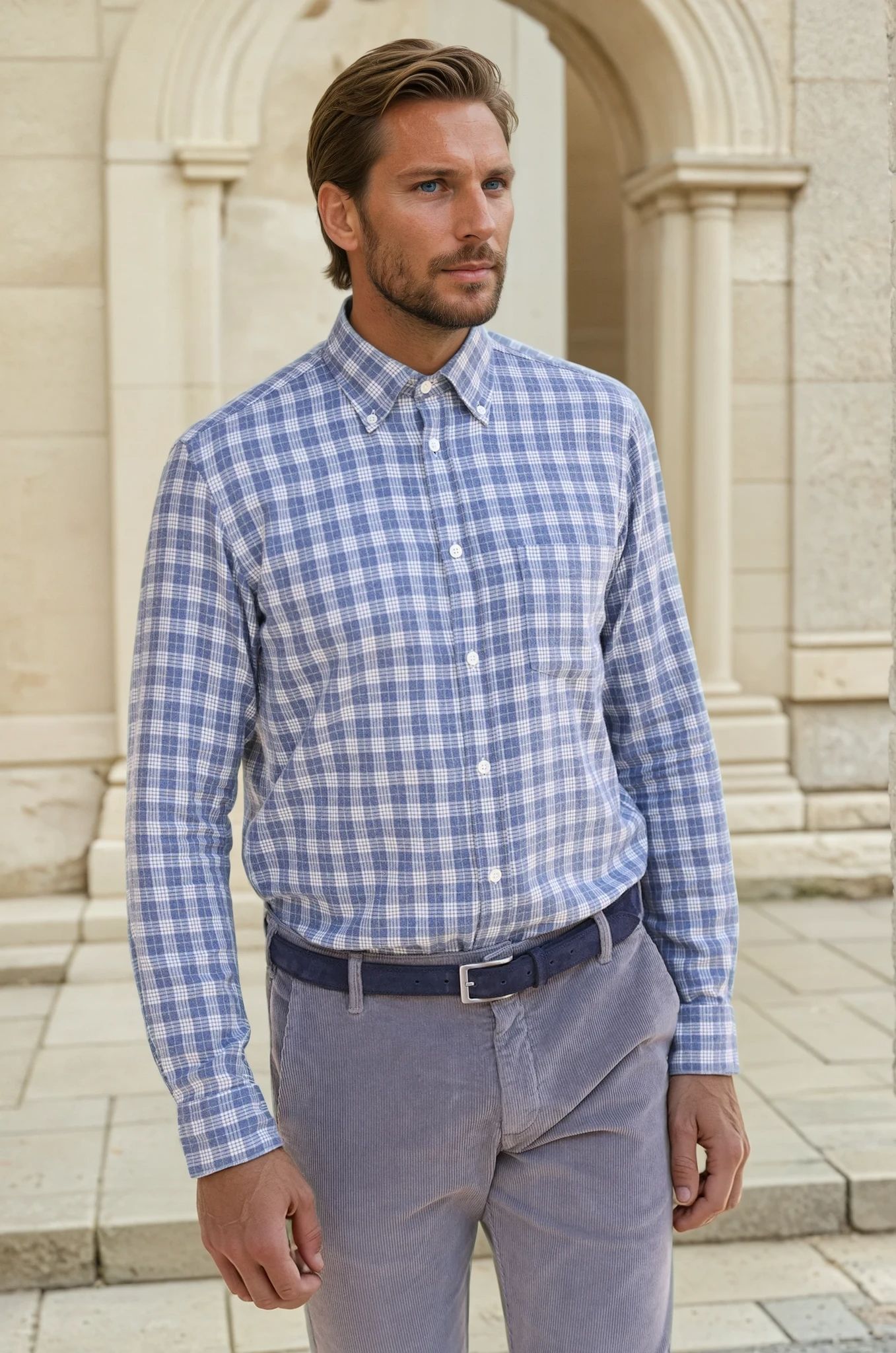 Chemise Clovis en flanelle de coton - Carreaux ciel-CHEMISE HOMME-Curling-Paris