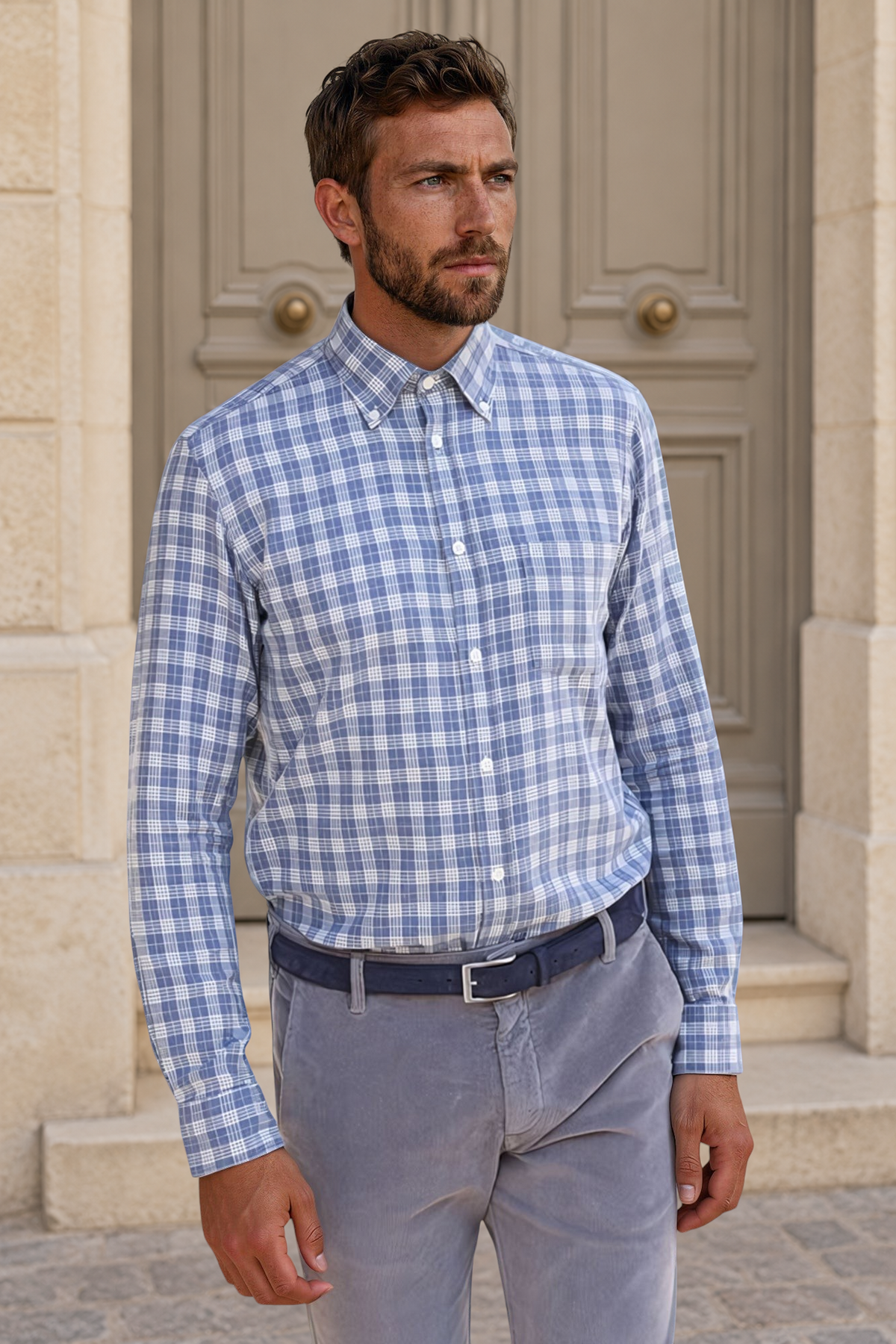 Chemise Clovis en flanelle de coton - Carreaux ciel-CHEMISE HOMME-Curling-Paris