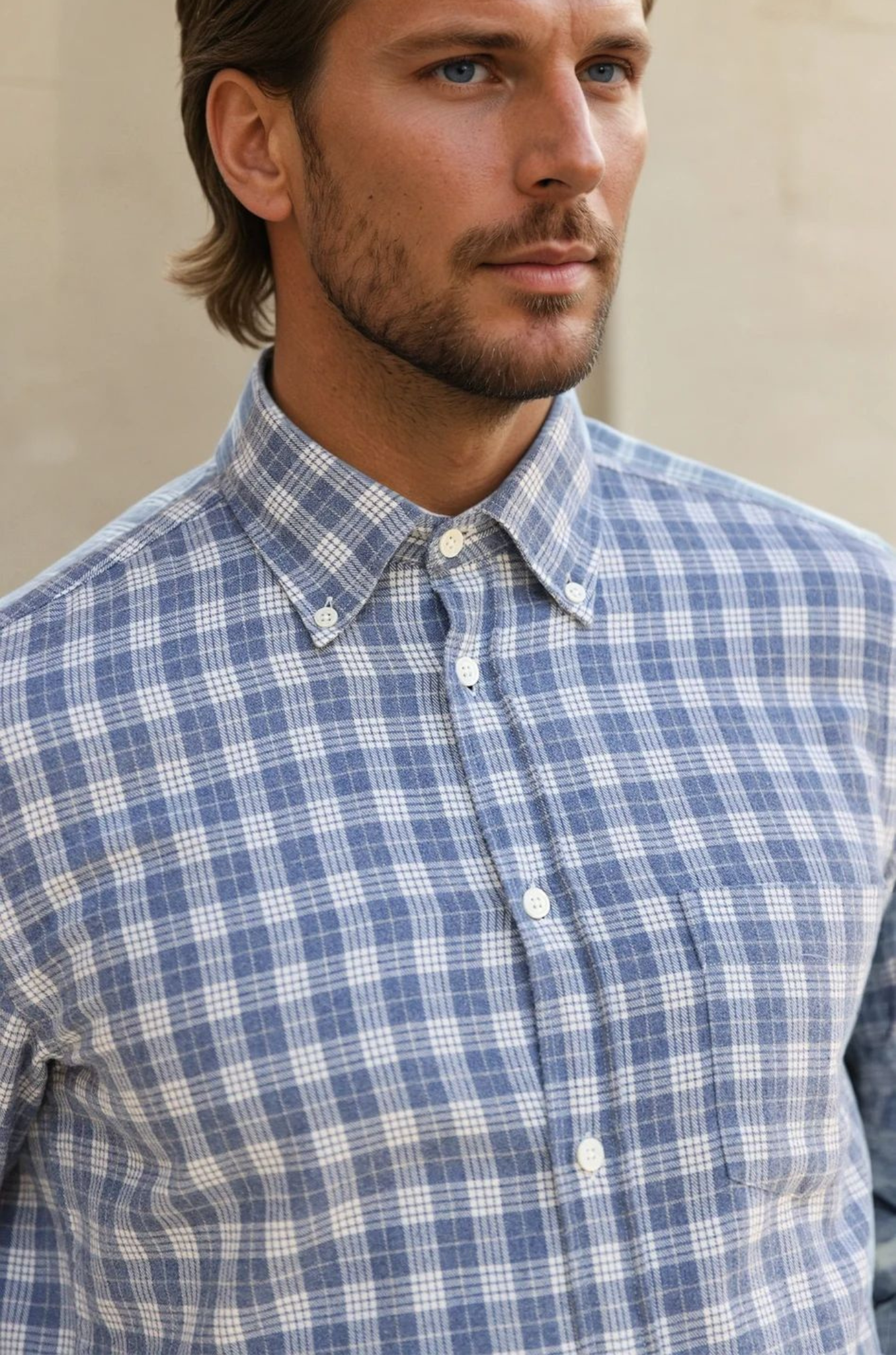 Chemise Clovis en flanelle de coton - Carreaux ciel-CHEMISE HOMME-Curling-Paris